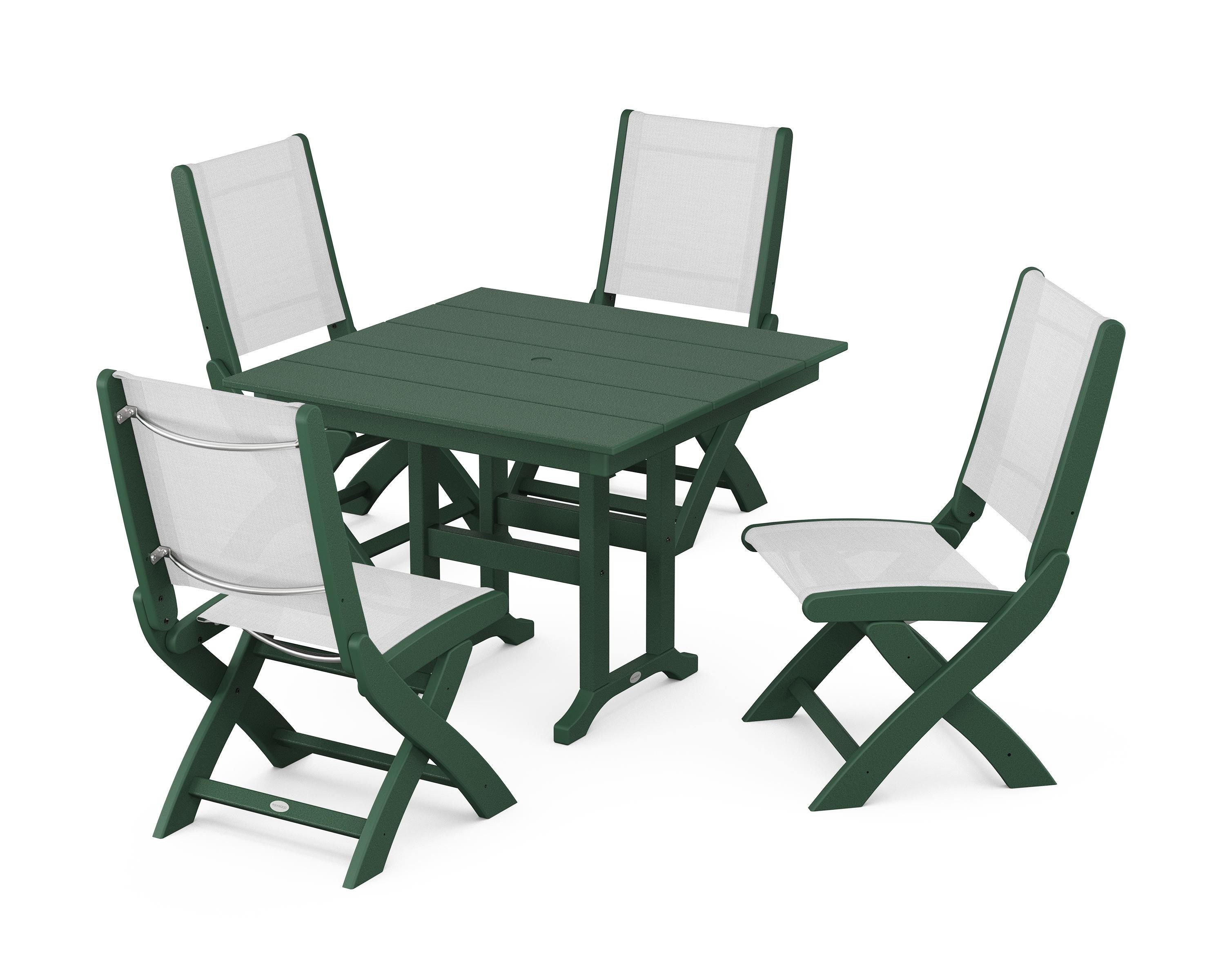 POLYWOOD Coastal Folding Side Chair 5-Piece Farmhouse Dining Set in Green / White Sling