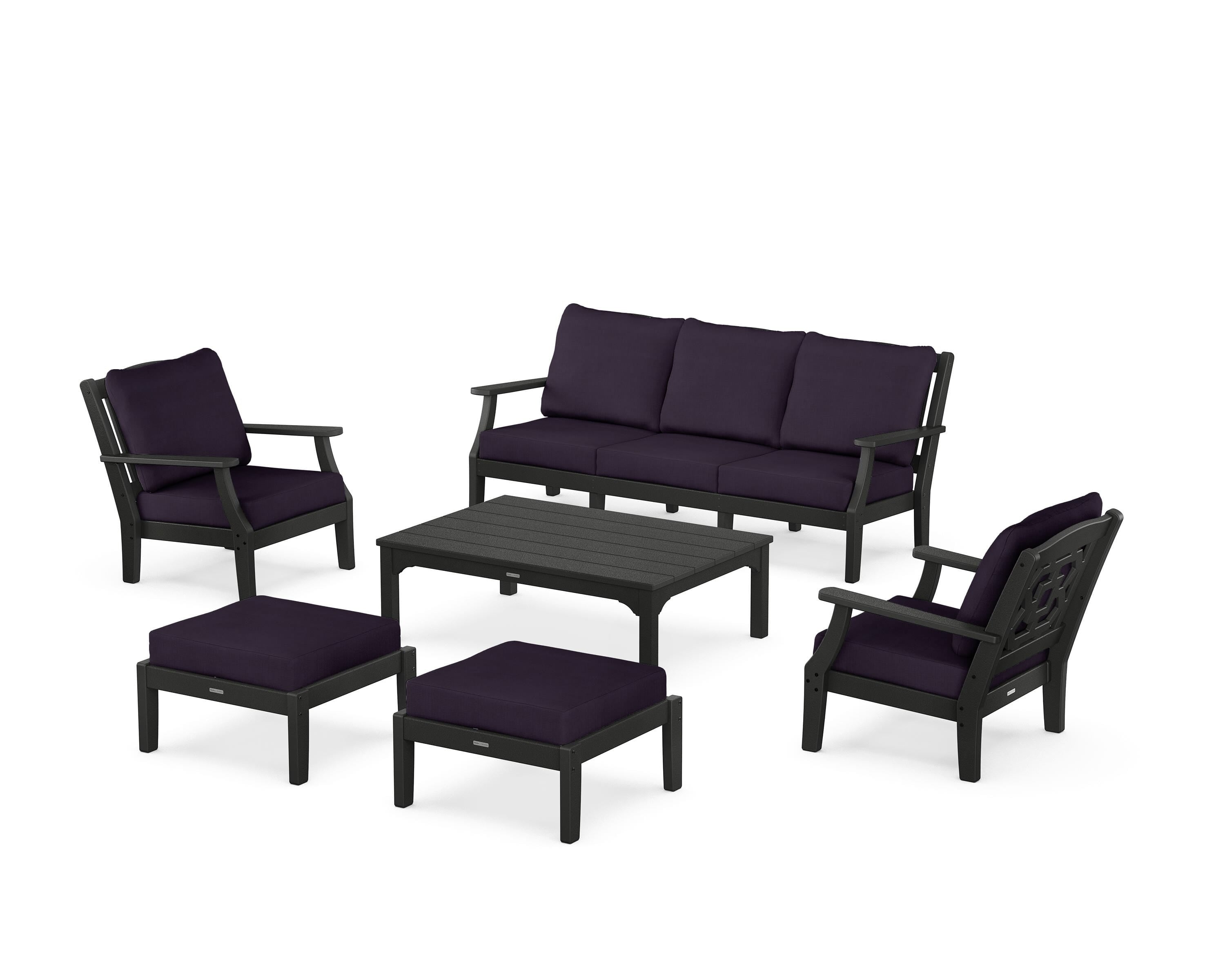 Martha Stewart by POLYWOOD Chinoiserie 6-Piece Lounge Sofa Set in Black / Navy Linen