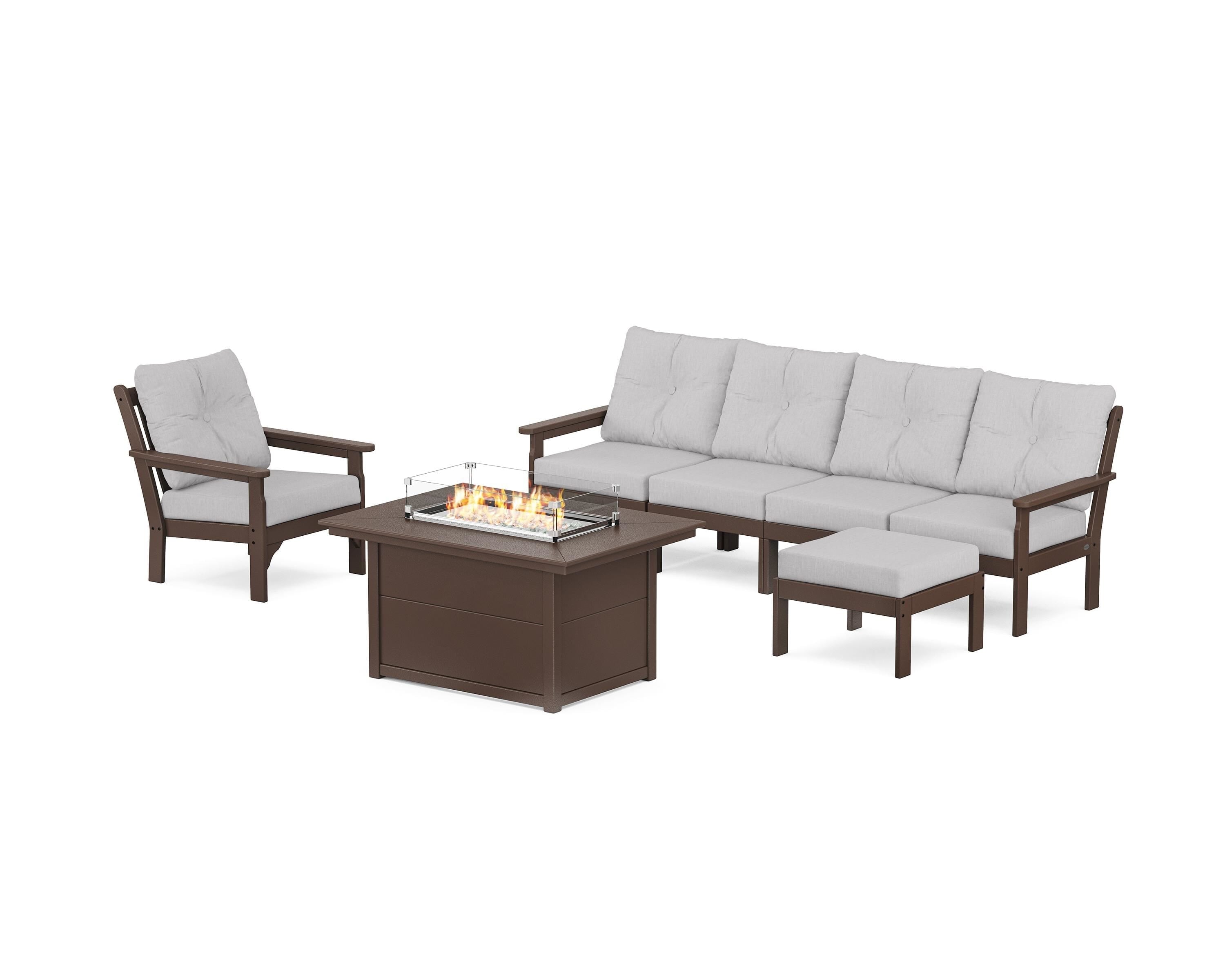 POLYWOOD Vineyard Sectional Lounge and Fire Pit Set in Mahogany / Granite