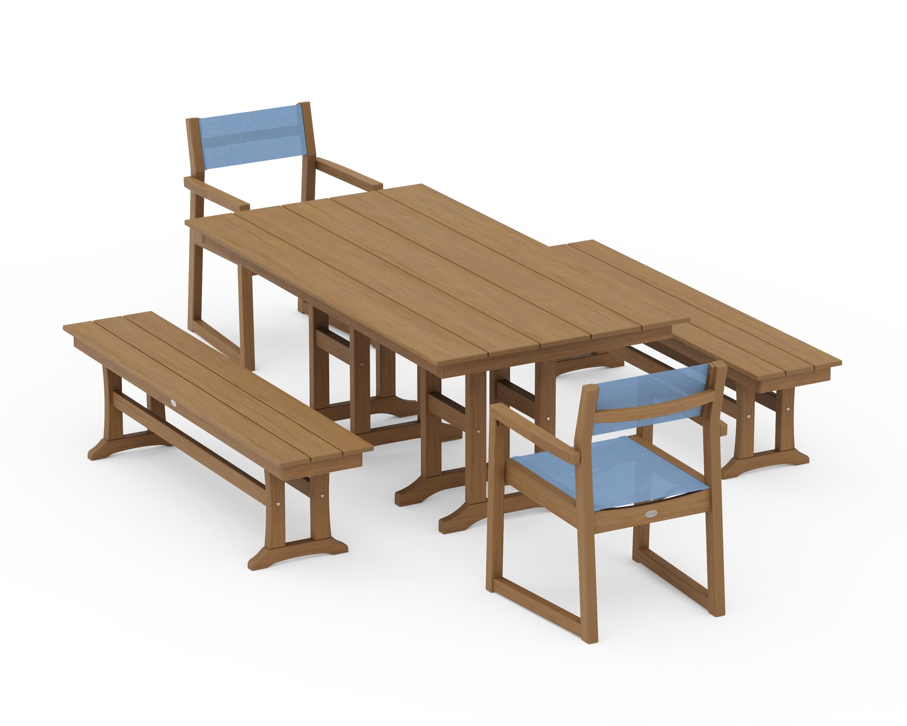 POLYWOOD EDGE Sling Arm Chair 5-Piece Farmhouse Dining Set with Benches in Natural / Poolside Sling