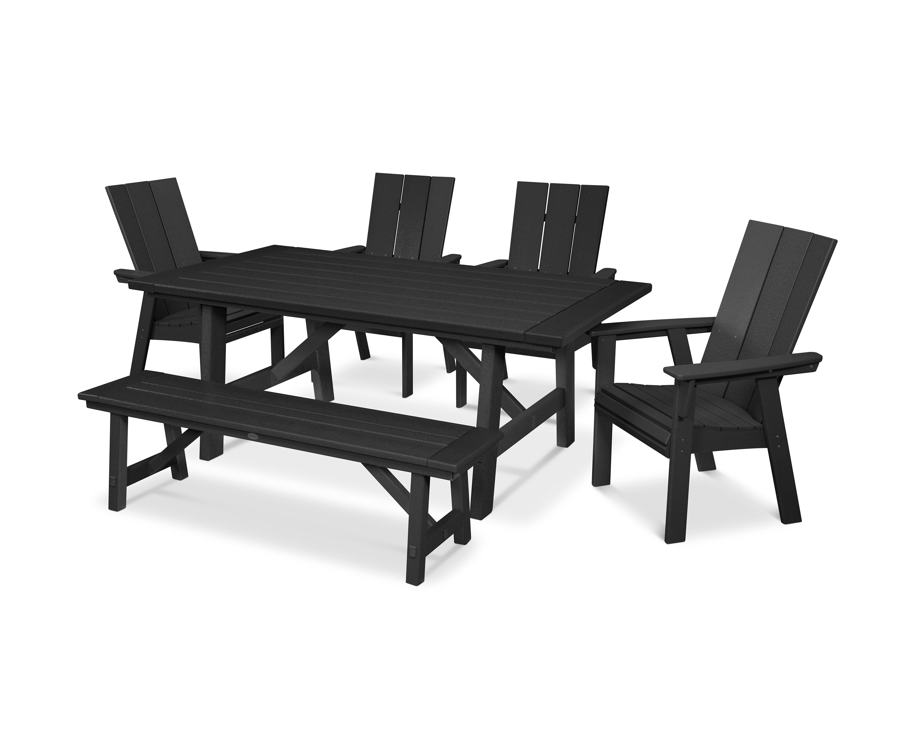 POLYWOOD® Modern Curveback Adirondack 6-Piece Rustic Farmhouse Dining Set with Bench in Black