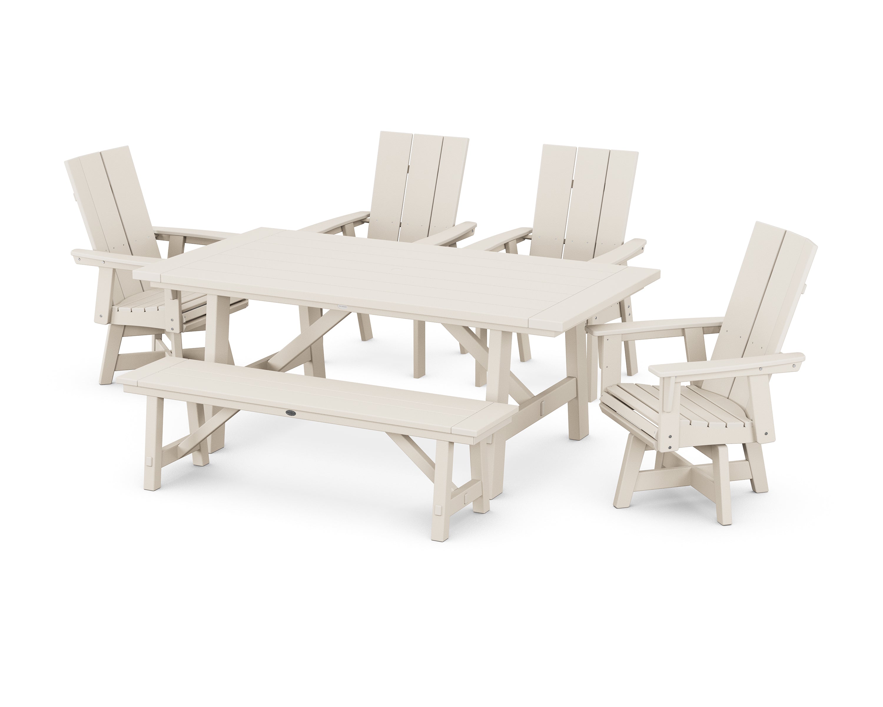 POLYWOOD® Modern Curveback Adirondack Swivel Chair 6-Piece Rustic Farmhouse Dining Set with Bench in Sand