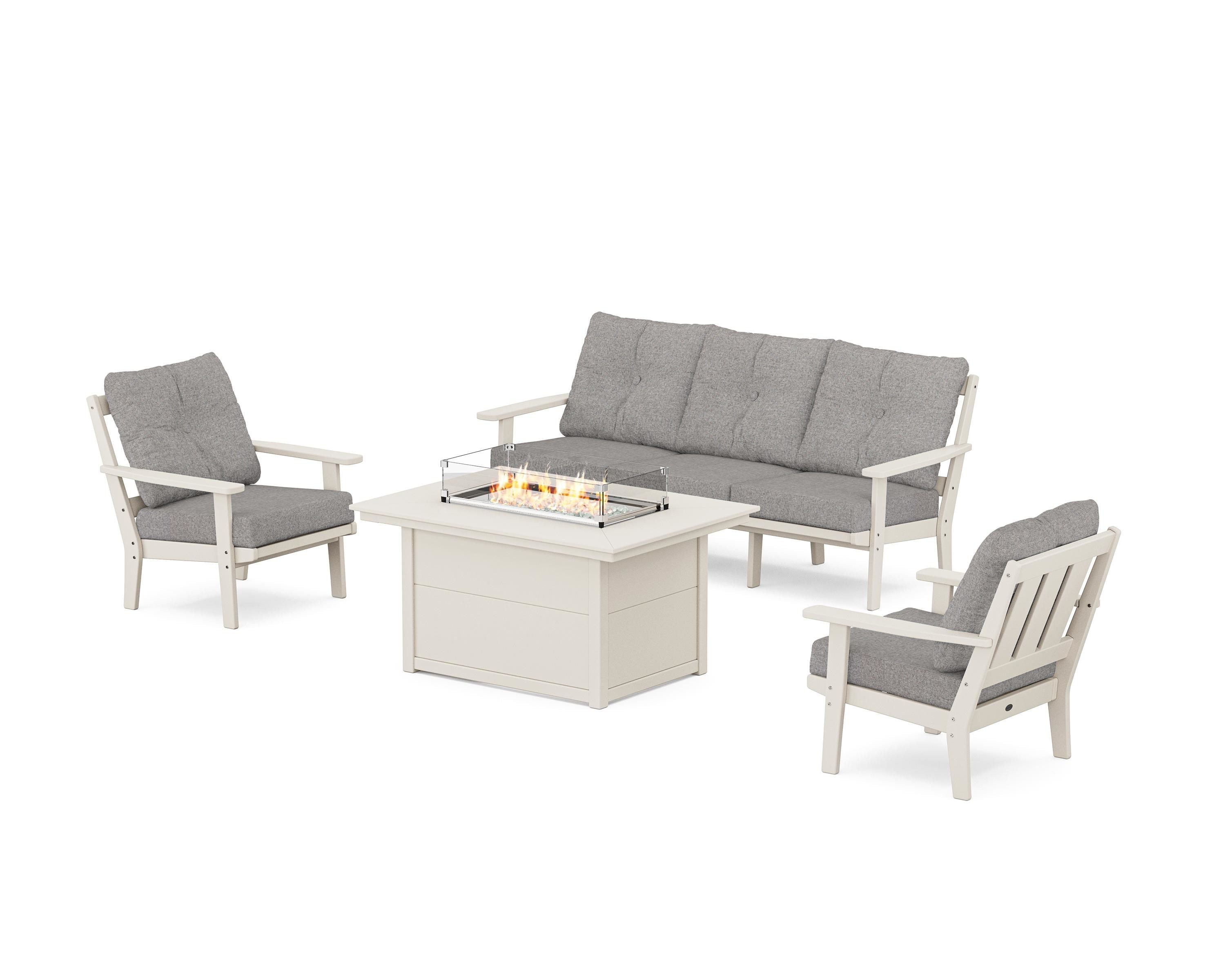 POLYWOOD Oxford Deep Seating Fire Pit Table Set in Sand / Grey Mist