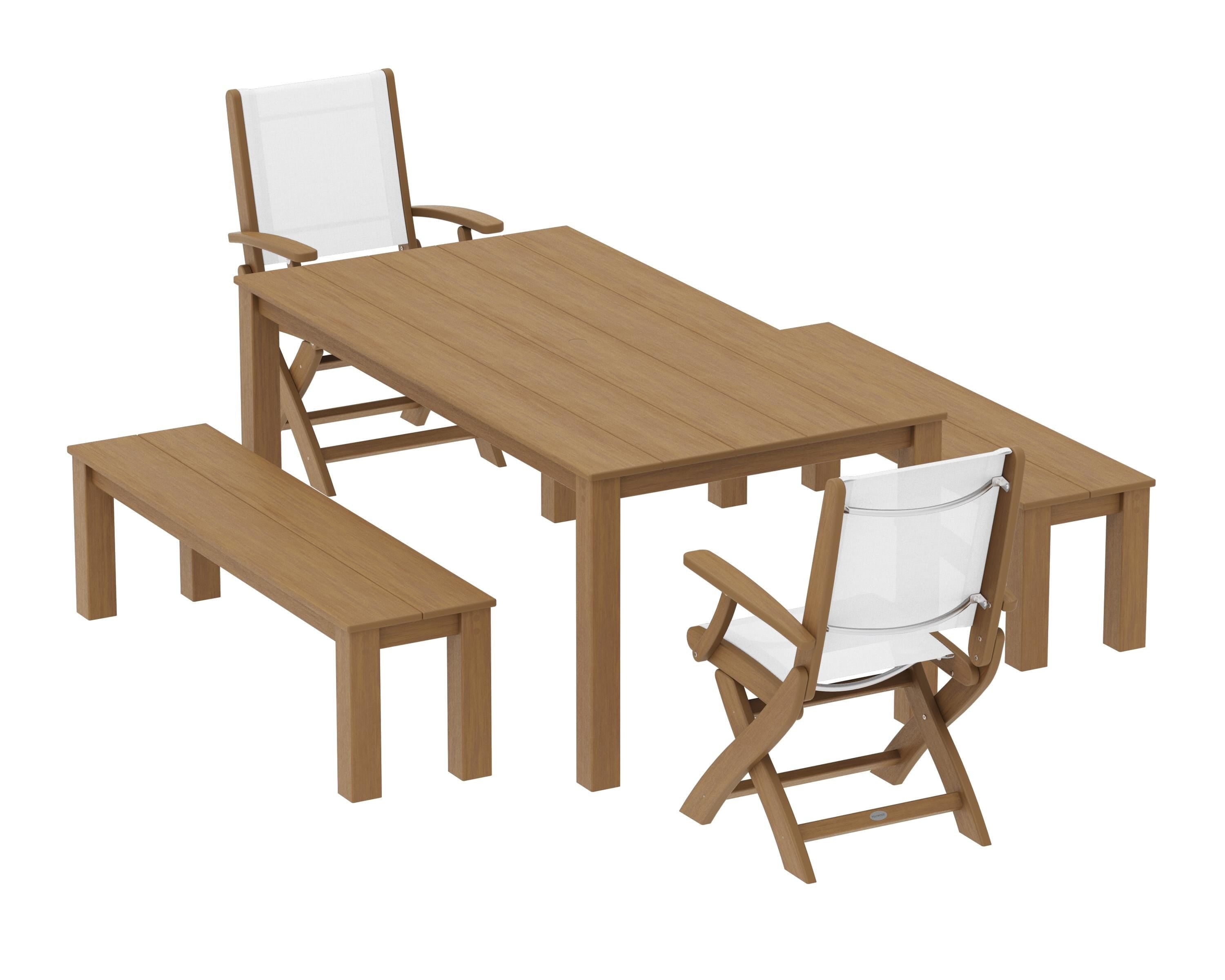 POLYWOOD Coastal Folding Chair 5-Piece Parsons Dining Set with Benches in Natural / White Sling