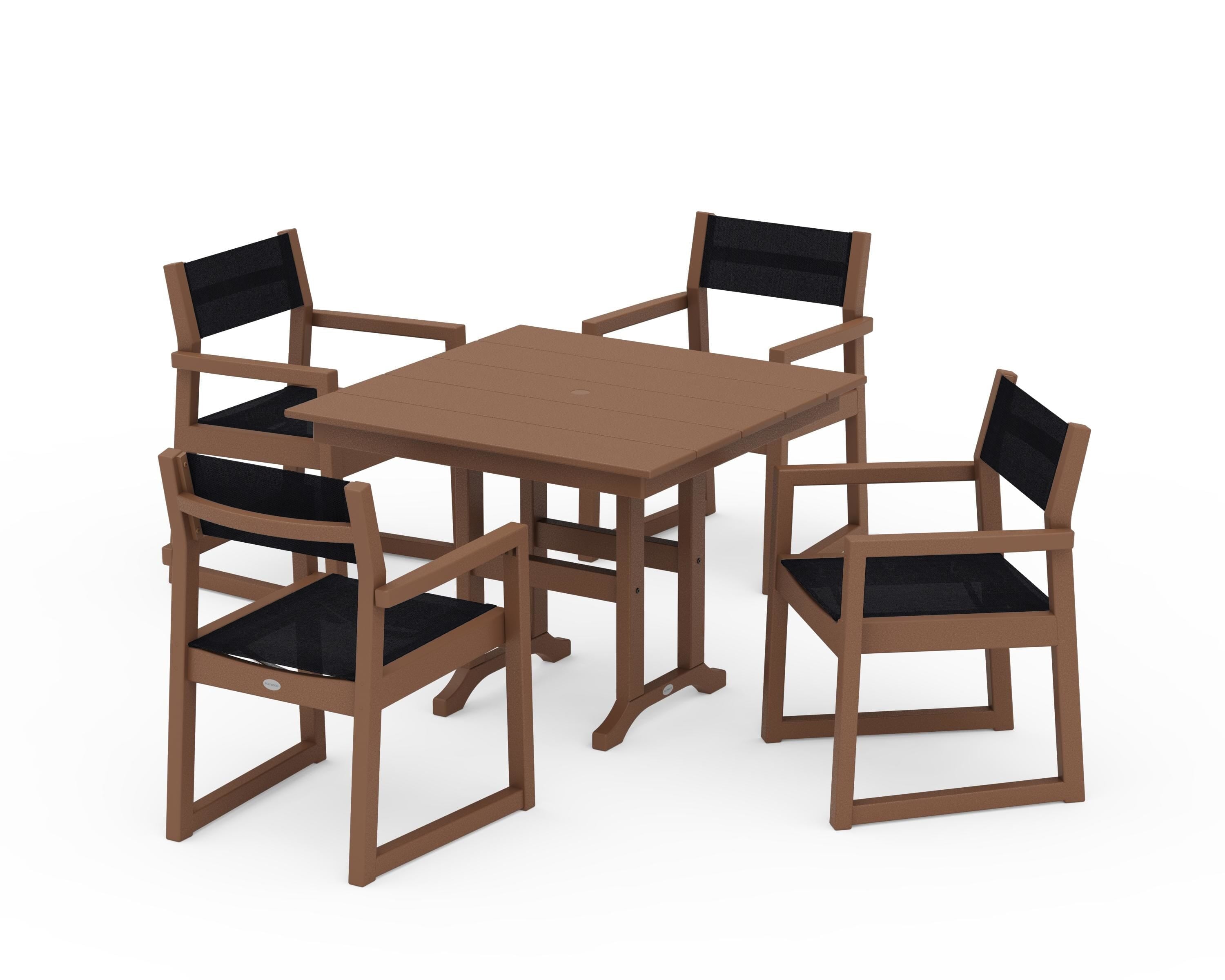POLYWOOD EDGE Sling Arm Chair 5-Piece Farmhouse Dining Set in Teak / Black Sling