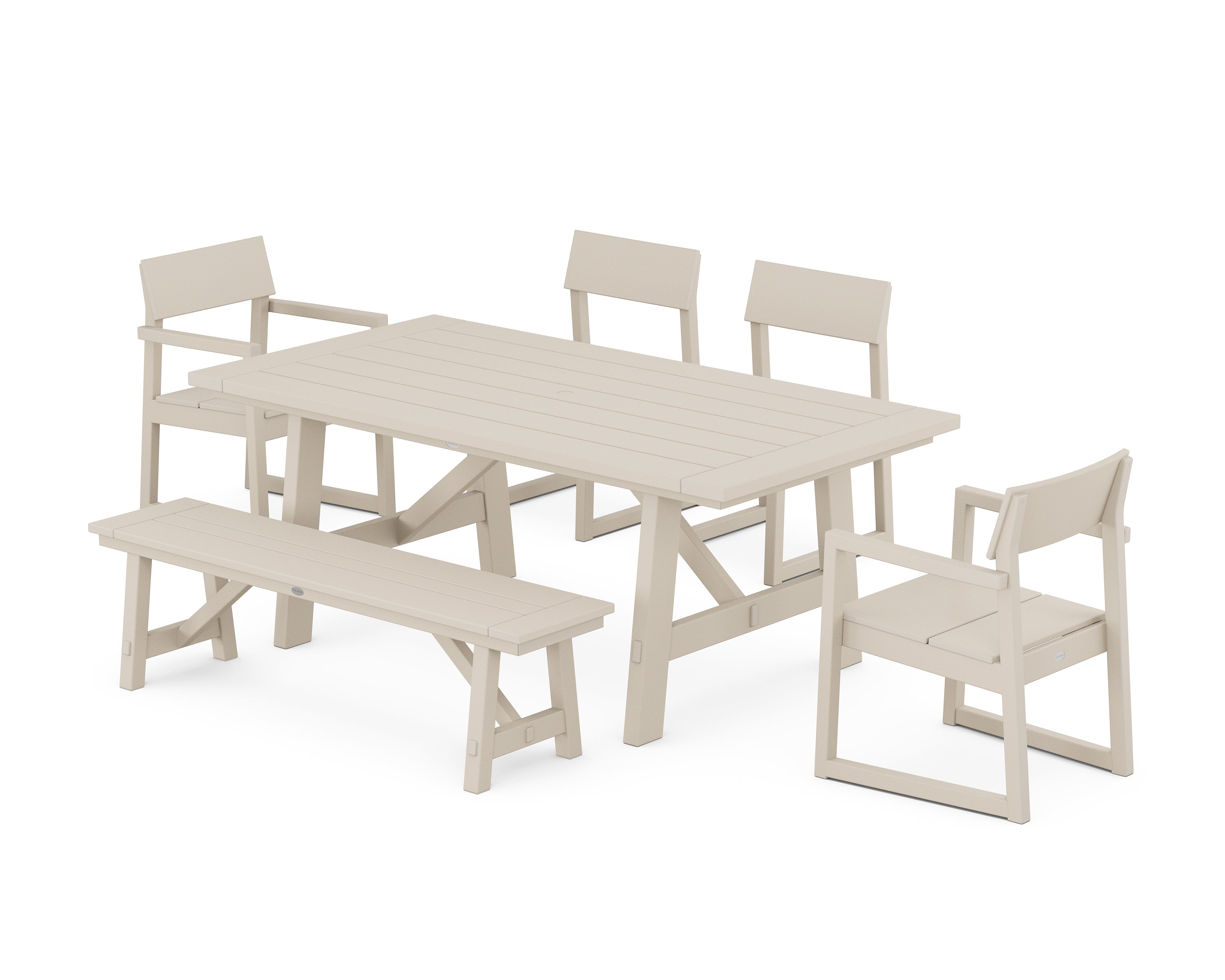 POLYWOOD® EDGE 6-Piece Rustic Farmhouse Dining Set with Bench in Sand