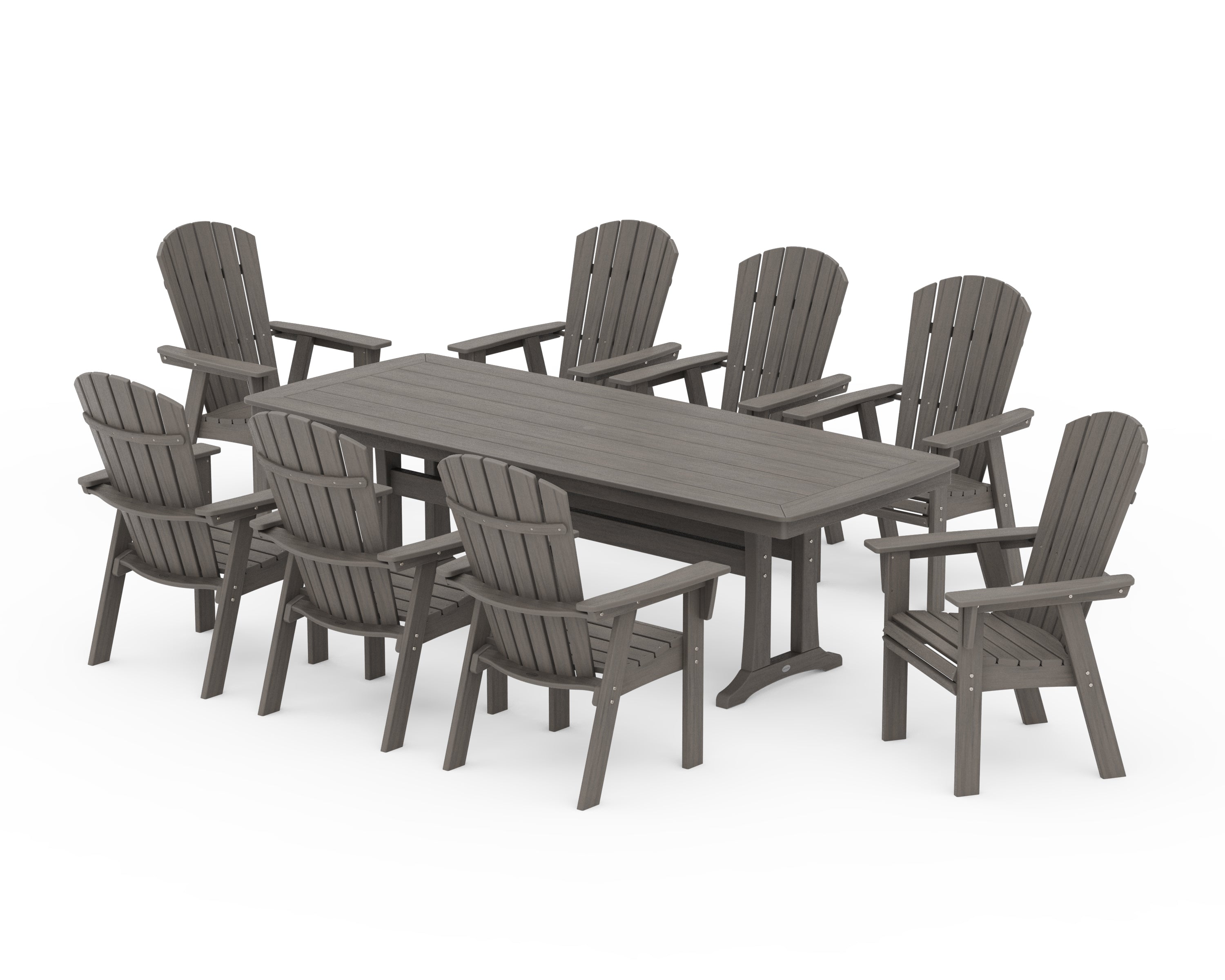 POLYWOOD Nautical Curveback Adirondack 9-Piece Dining Set with Trestle Legs in Driftwood