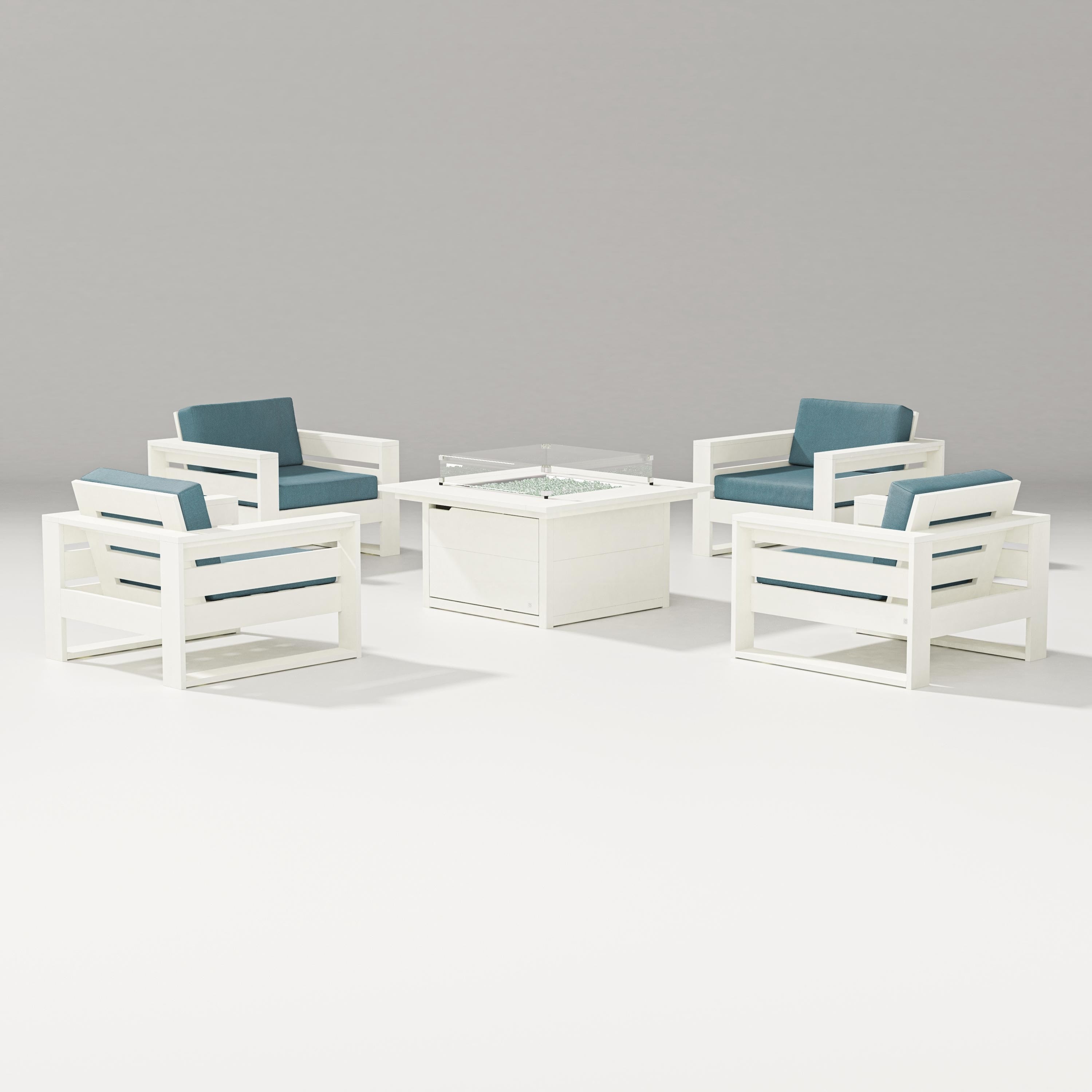 PW Designer Series Latitude 5-Piece Lounge Fire Table Set in Vintage White / Ocean Teal