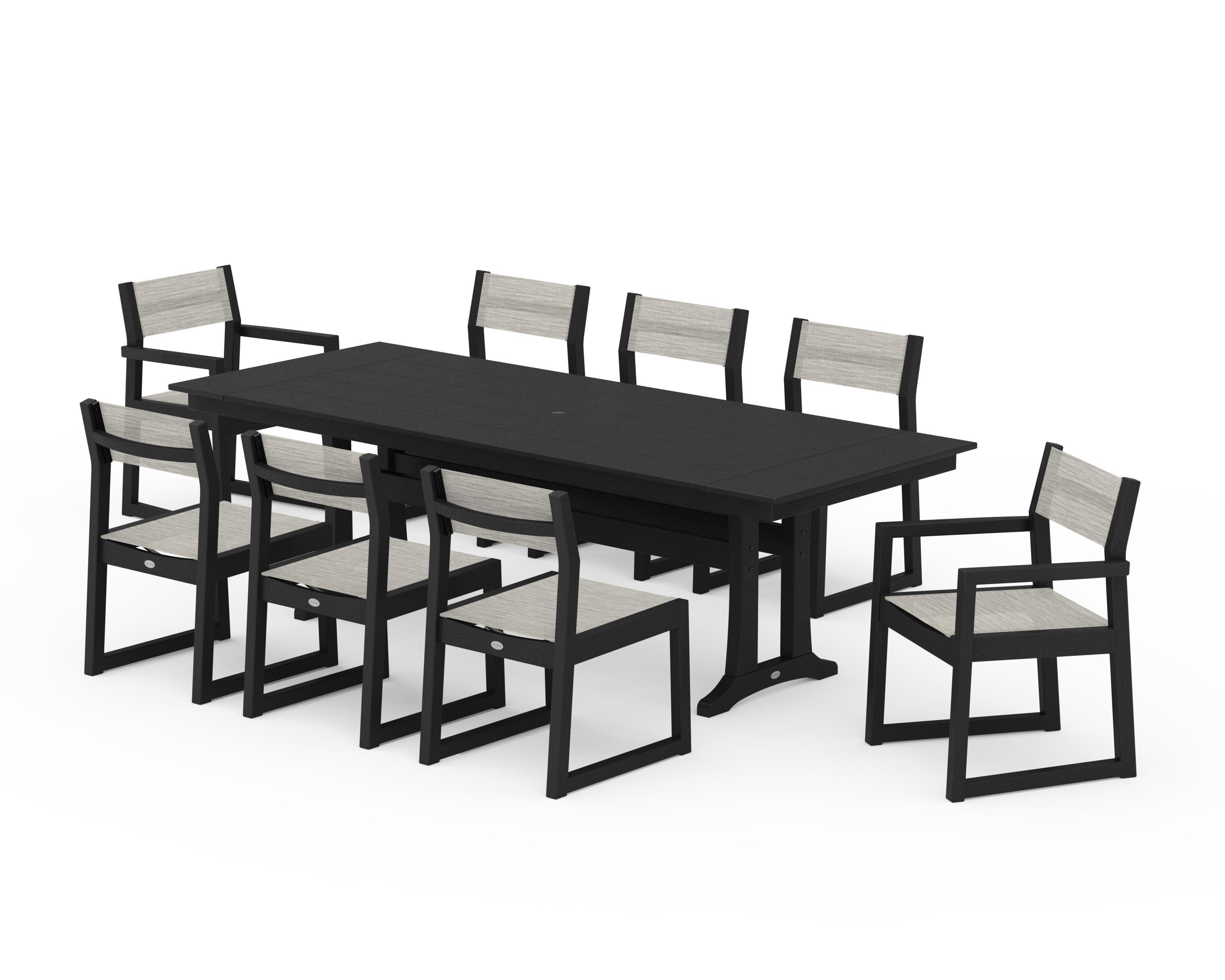 POLYWOOD EDGE Sling 9-Piece Farmhouse Trestle Dining Set in Black / Birch Sling