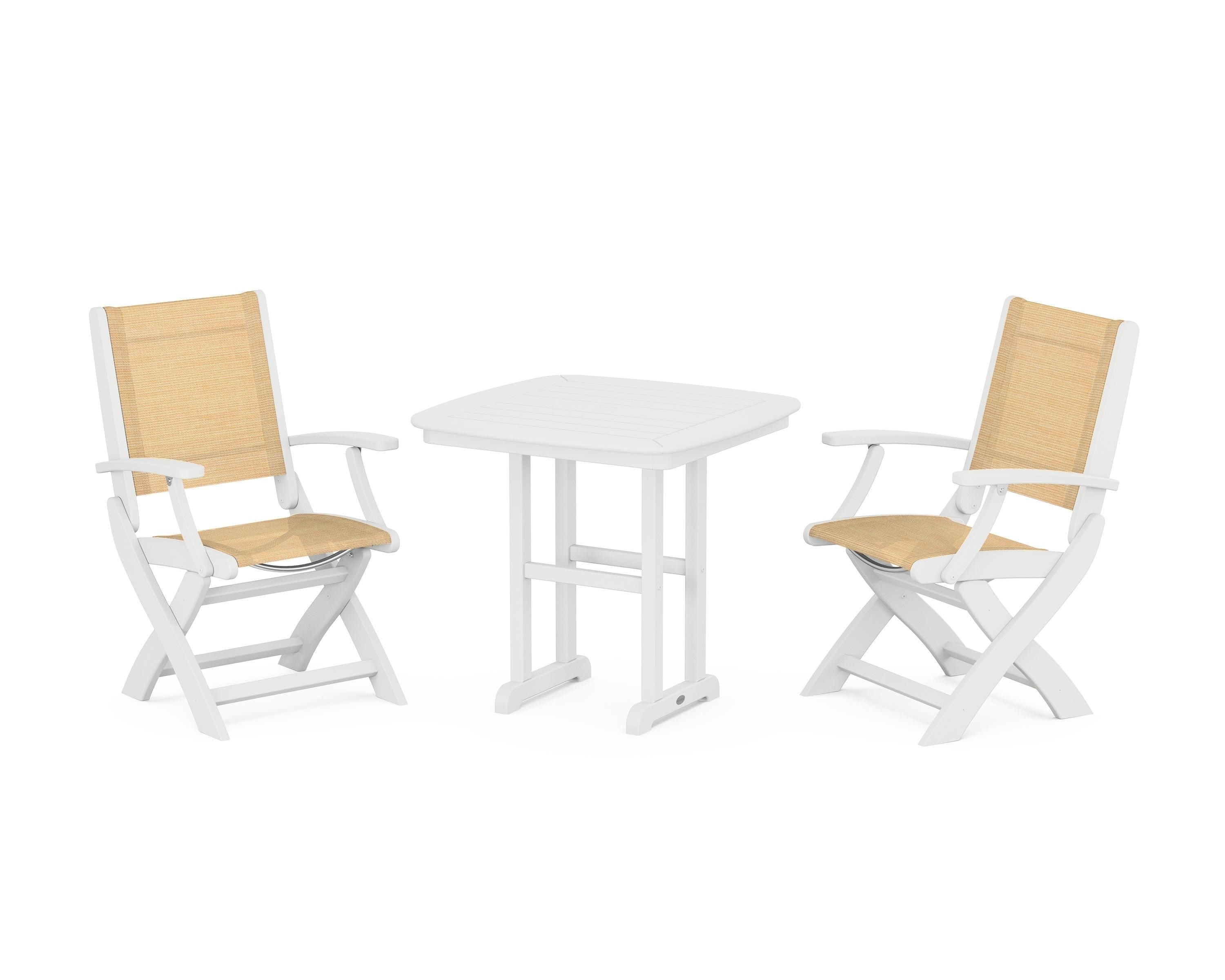 POLYWOOD Coastal Folding Chair 3-Piece Dining Set in White / Dupioni Apricot Sling