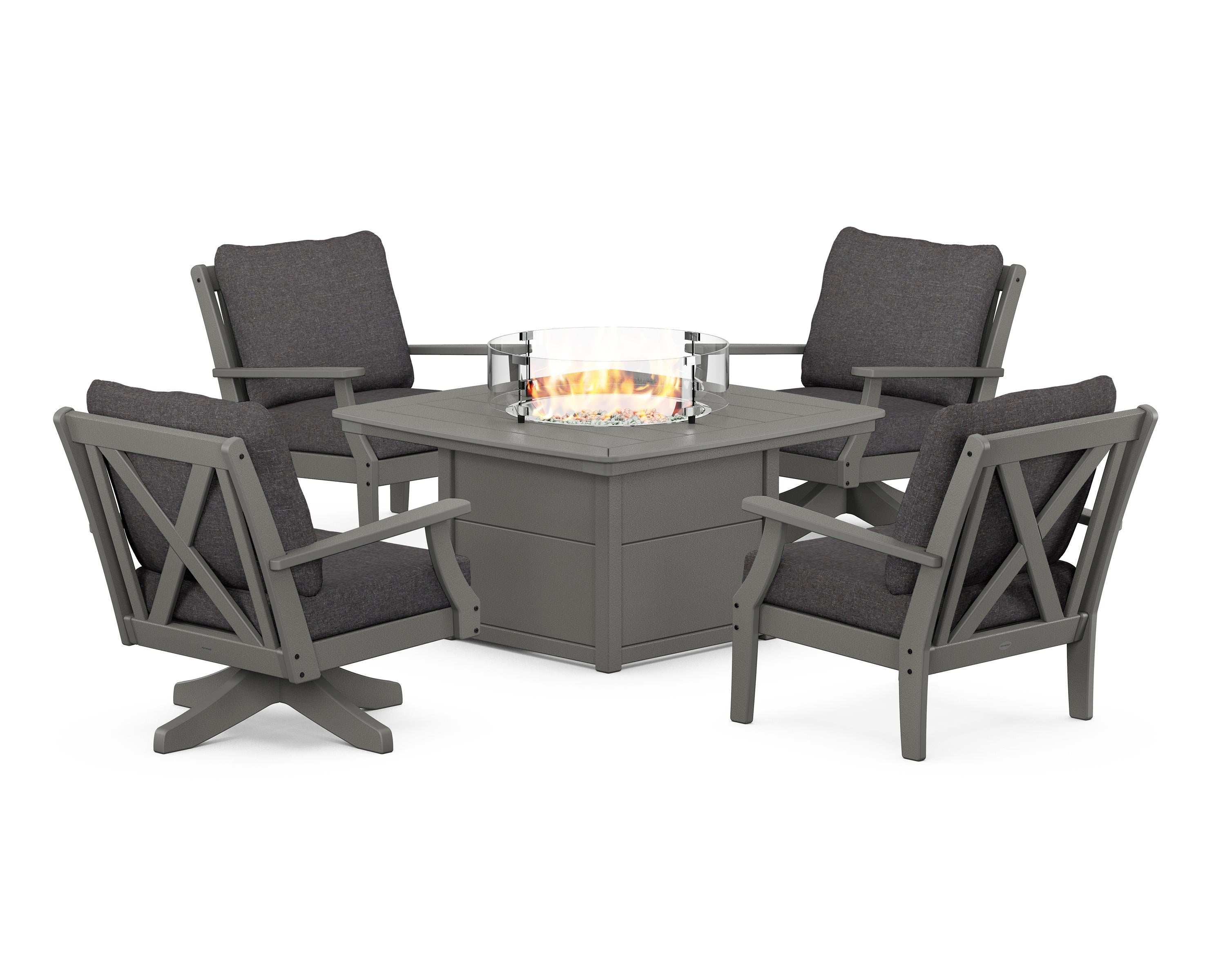 POLYWOOD Braxton 5-Piece Deep Seating Set with Fire Table in Slate Grey / Ash Charcoal