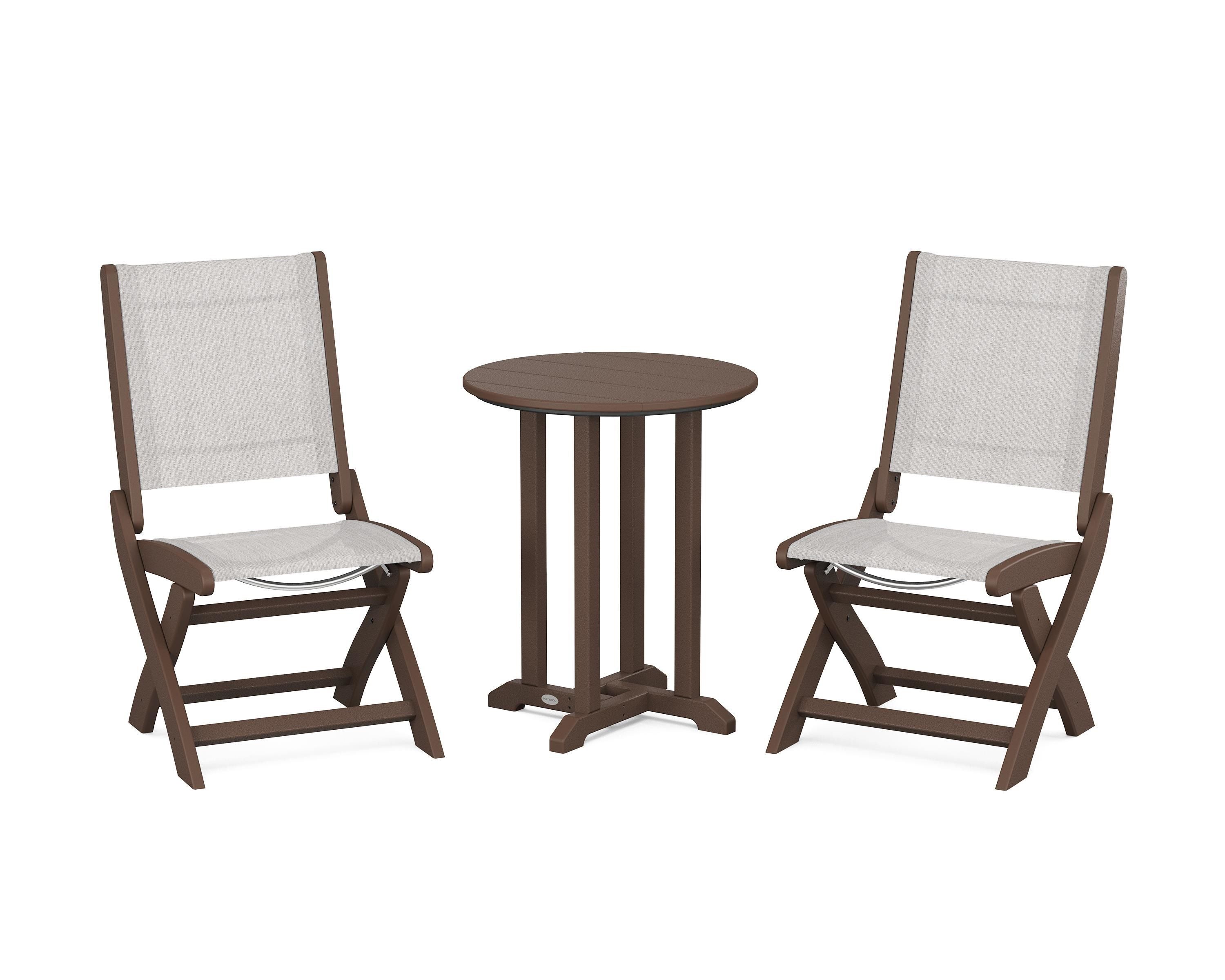 POLYWOOD Coastal Folding Side Chair 3-Piece Round Bistro Dining Set in Mahogany / Parchment Sling