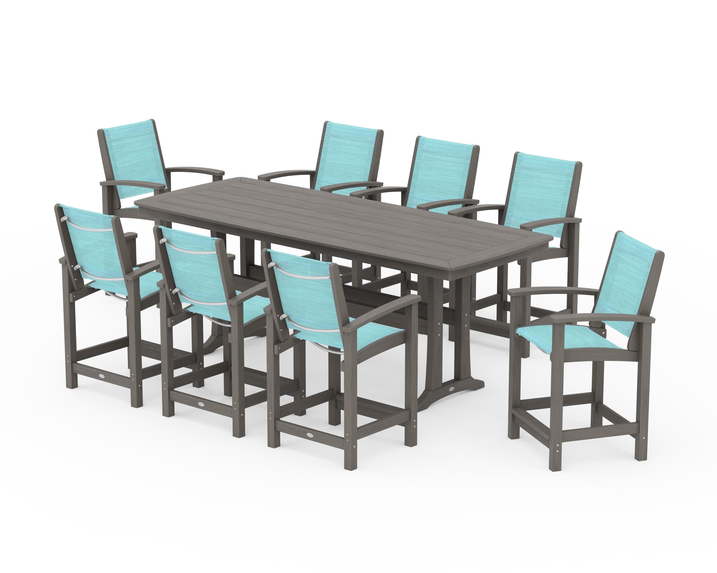 POLYWOOD Coastal 9-Piece Counter Set with Trestle Legs in Driftwood / Dupioni Aquamarine Sling