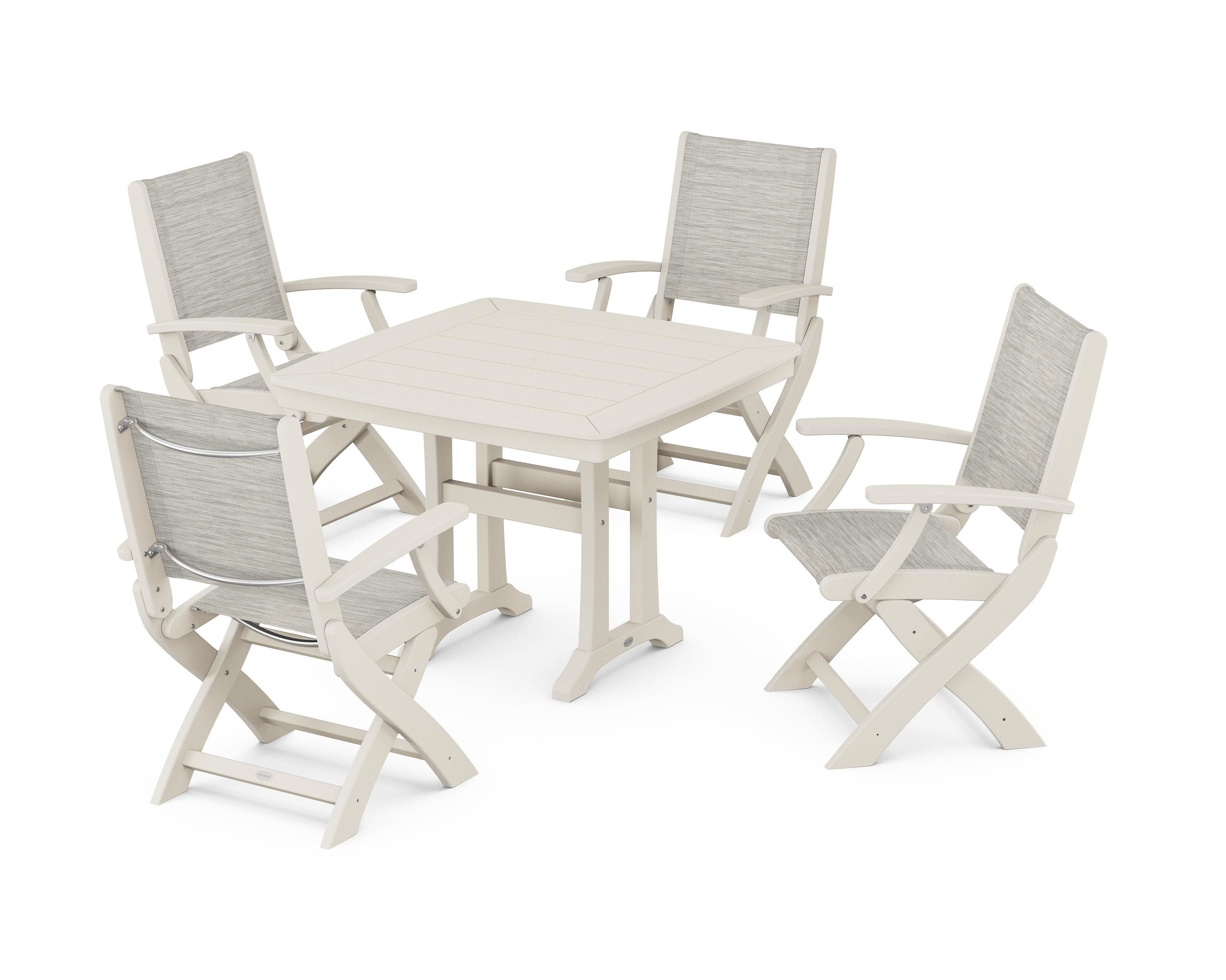 POLYWOOD Coastal Folding Chair 5-Piece Dining Set with Trestle Legs in Sand / Birch Sling