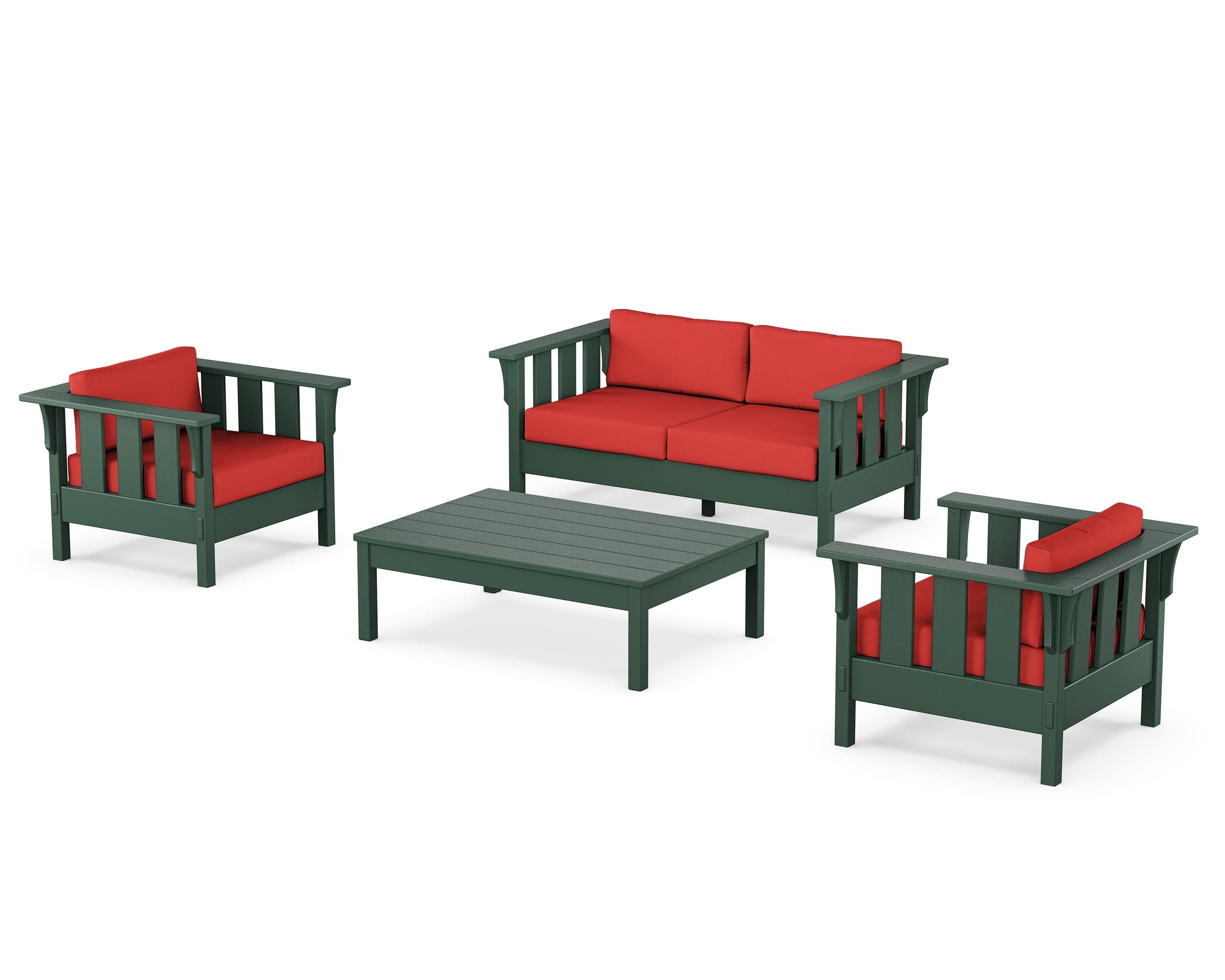 Martha Stewart by POLYWOOD Acadia 4-Piece Deep Seating Set with Loveseat in Green / Crimson Linen