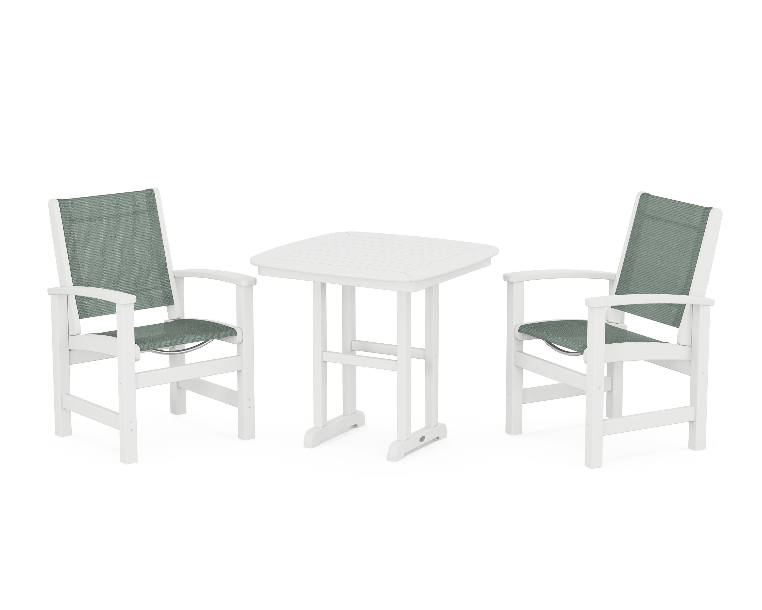 POLYWOOD Coastal 3-Piece Dining Set in White / Dupioni Sea Mist Sling