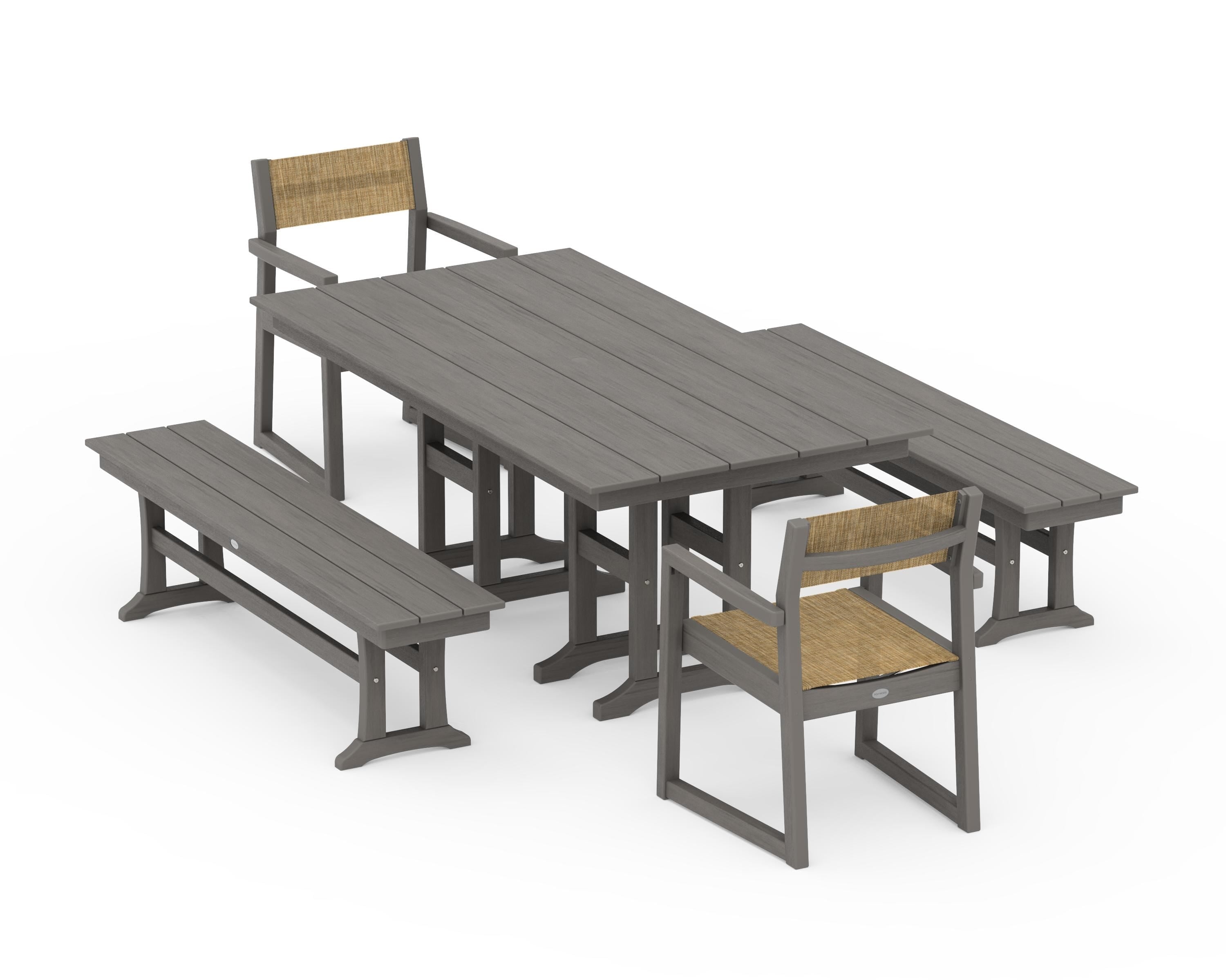 POLYWOOD EDGE Sling Arm Chair 5-Piece Farmhouse Dining Set with Benches in Driftwood / Burlap Sling