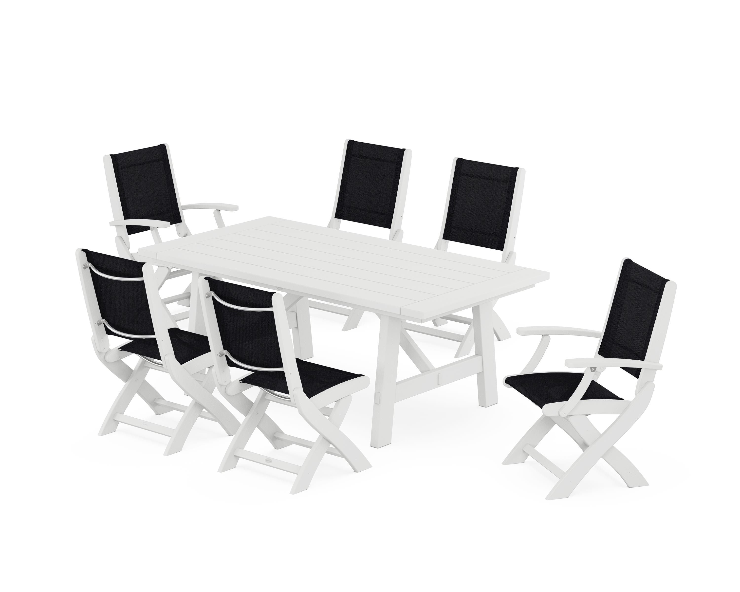 POLYWOOD Coastal Folding Chair 7-Piece Rustic Farmhouse Dining Set in White / Black Sling