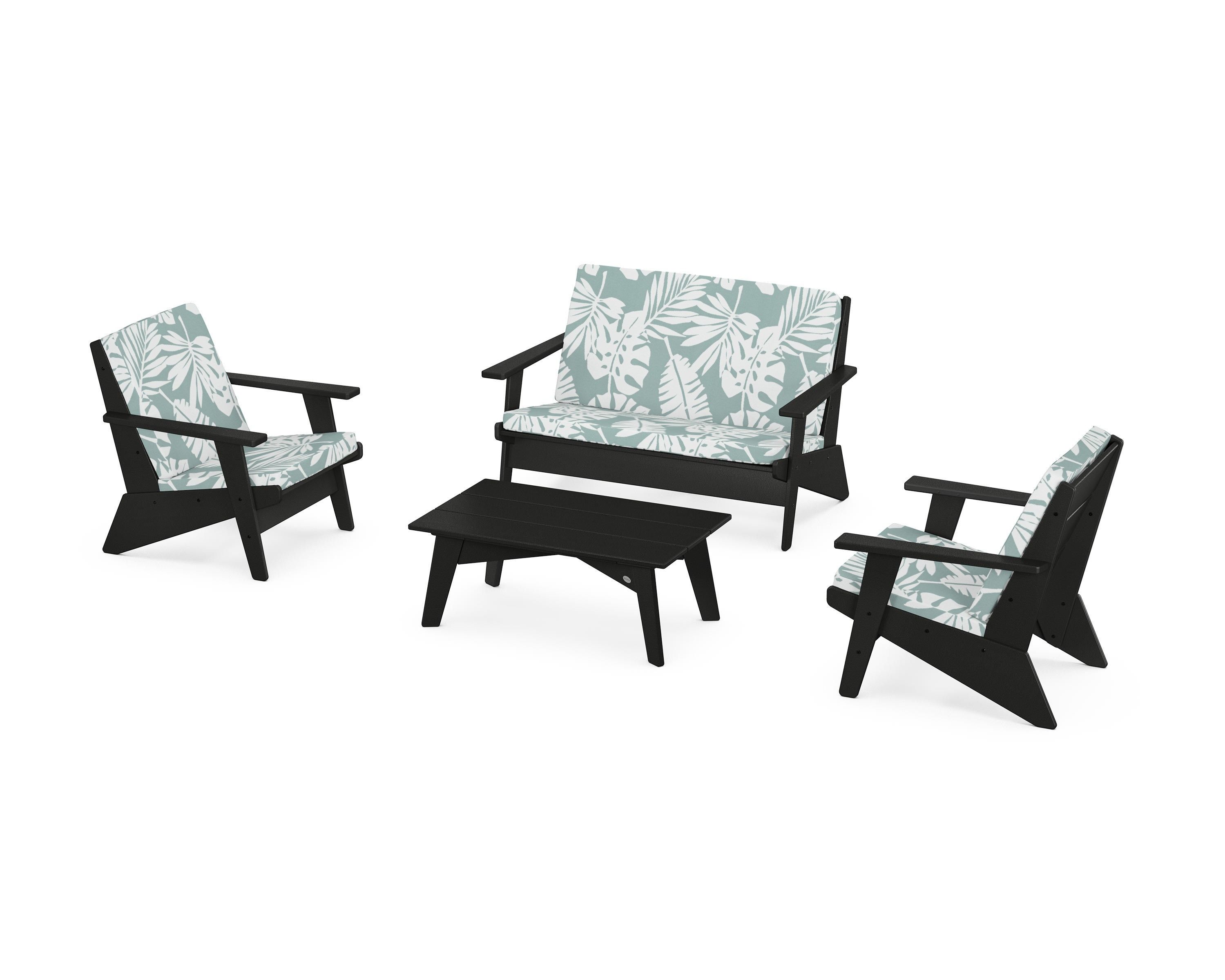 POLYWOOD Riviera Modern Lounge 4-Piece Set in Black / Leaf Glacier Spa