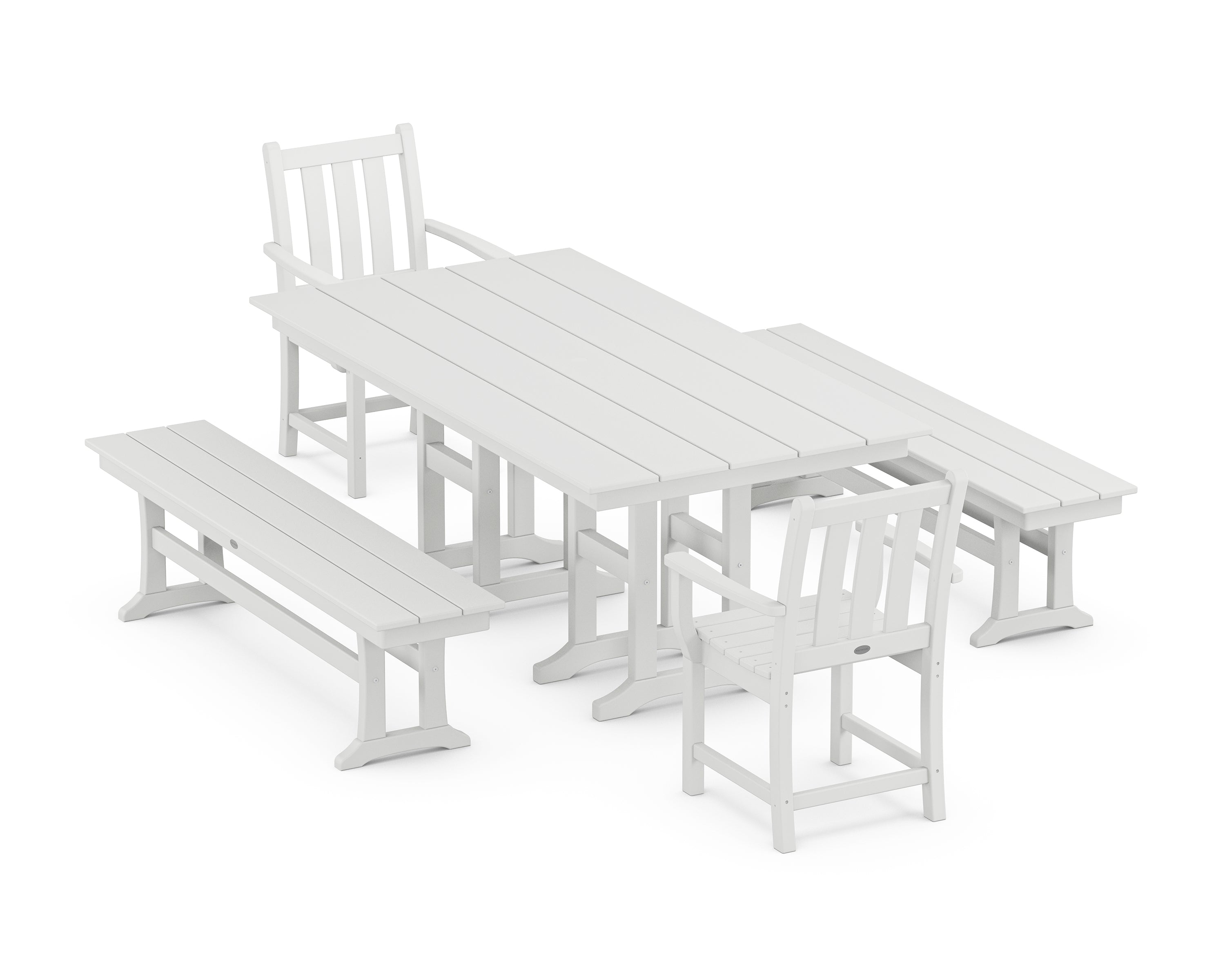 POLYWOOD® Traditional Garden 5-Piece Farmhouse Dining Set with Benches in White