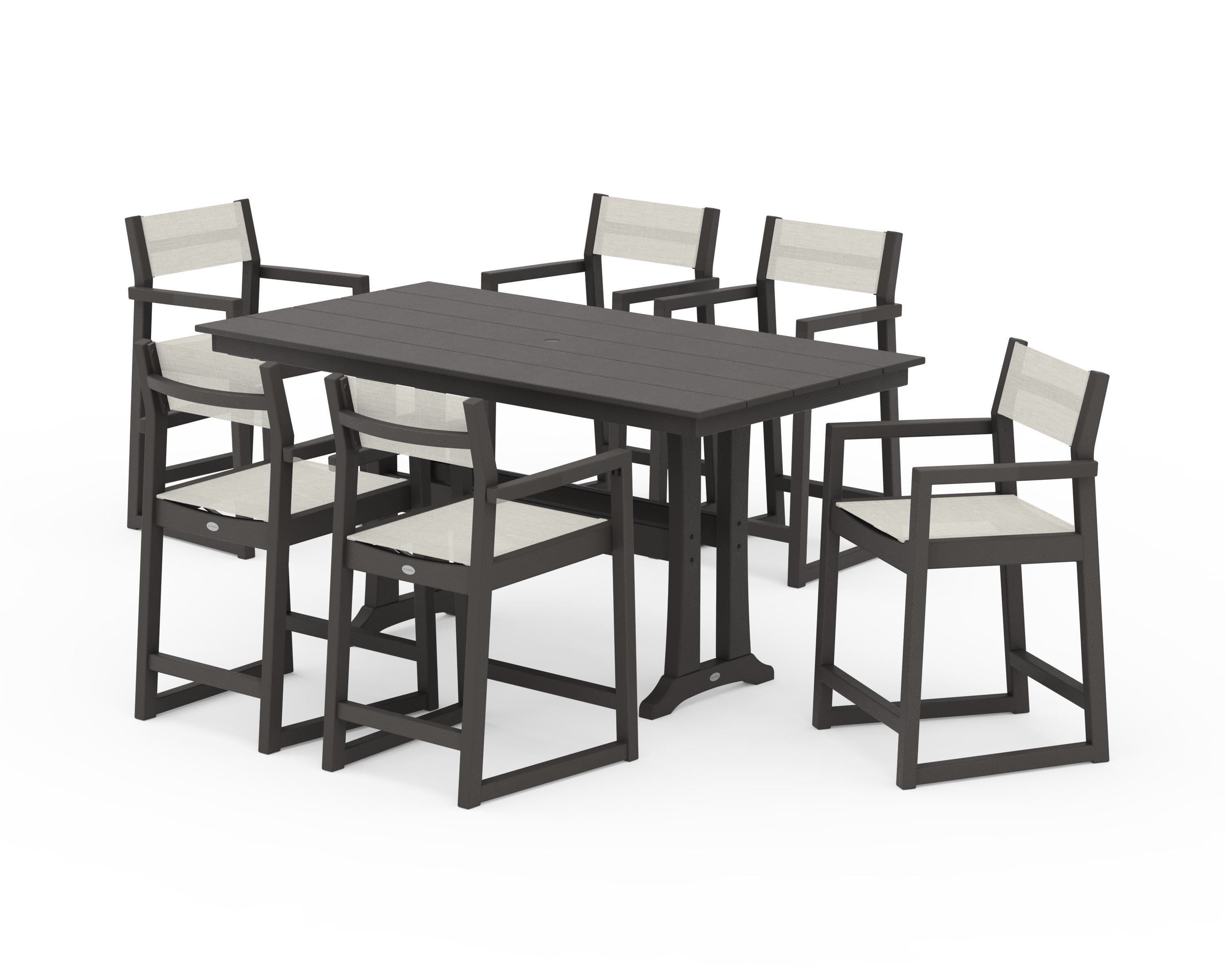 POLYWOOD EDGE Sling Arm Chair 7-Piece Farmhouse Counter Set with Trestle Legs in Vintage Coffee / Parchment Sling