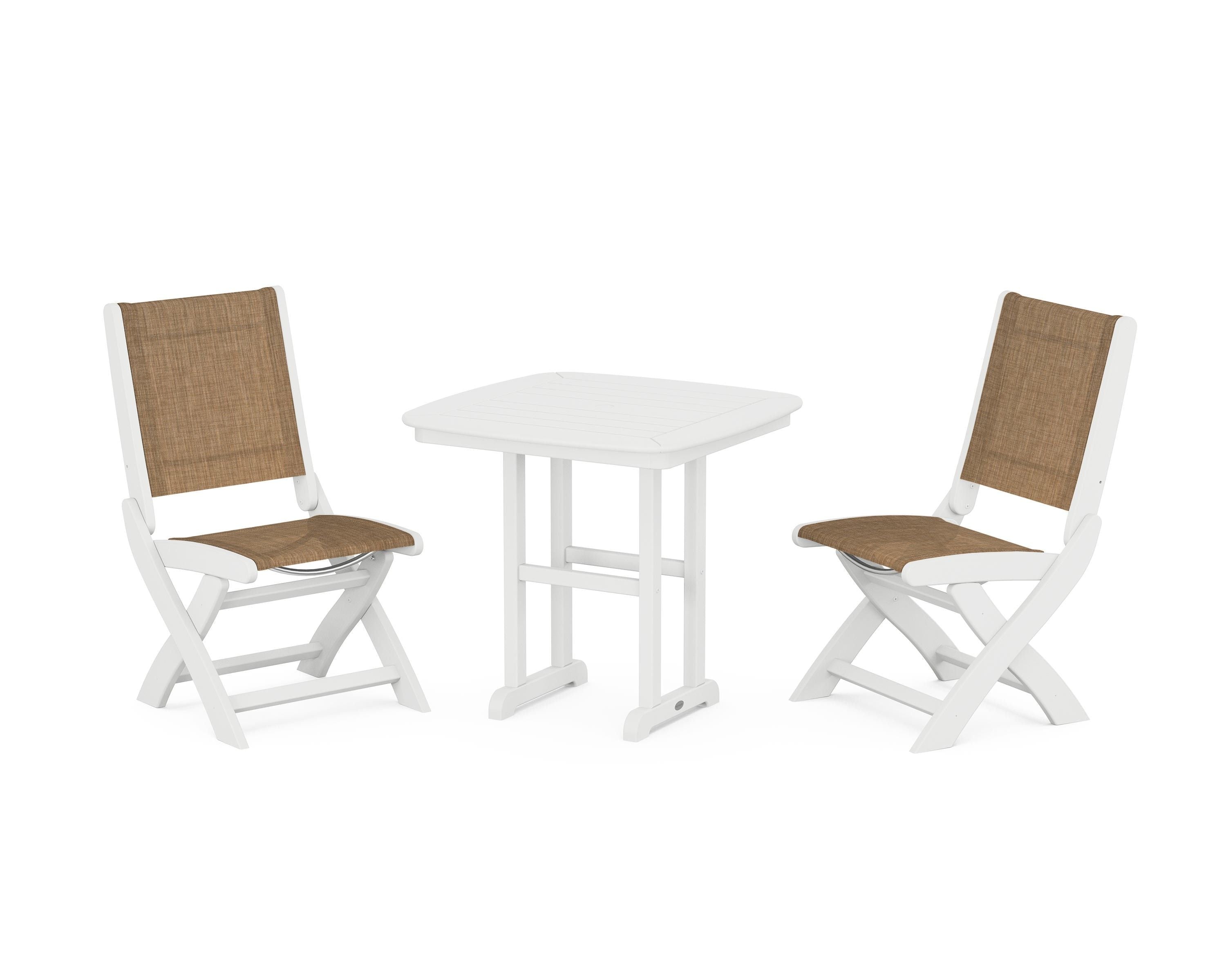 POLYWOOD Coastal Folding Side Chair 3-Piece Dining Set in White / Burlap Sling