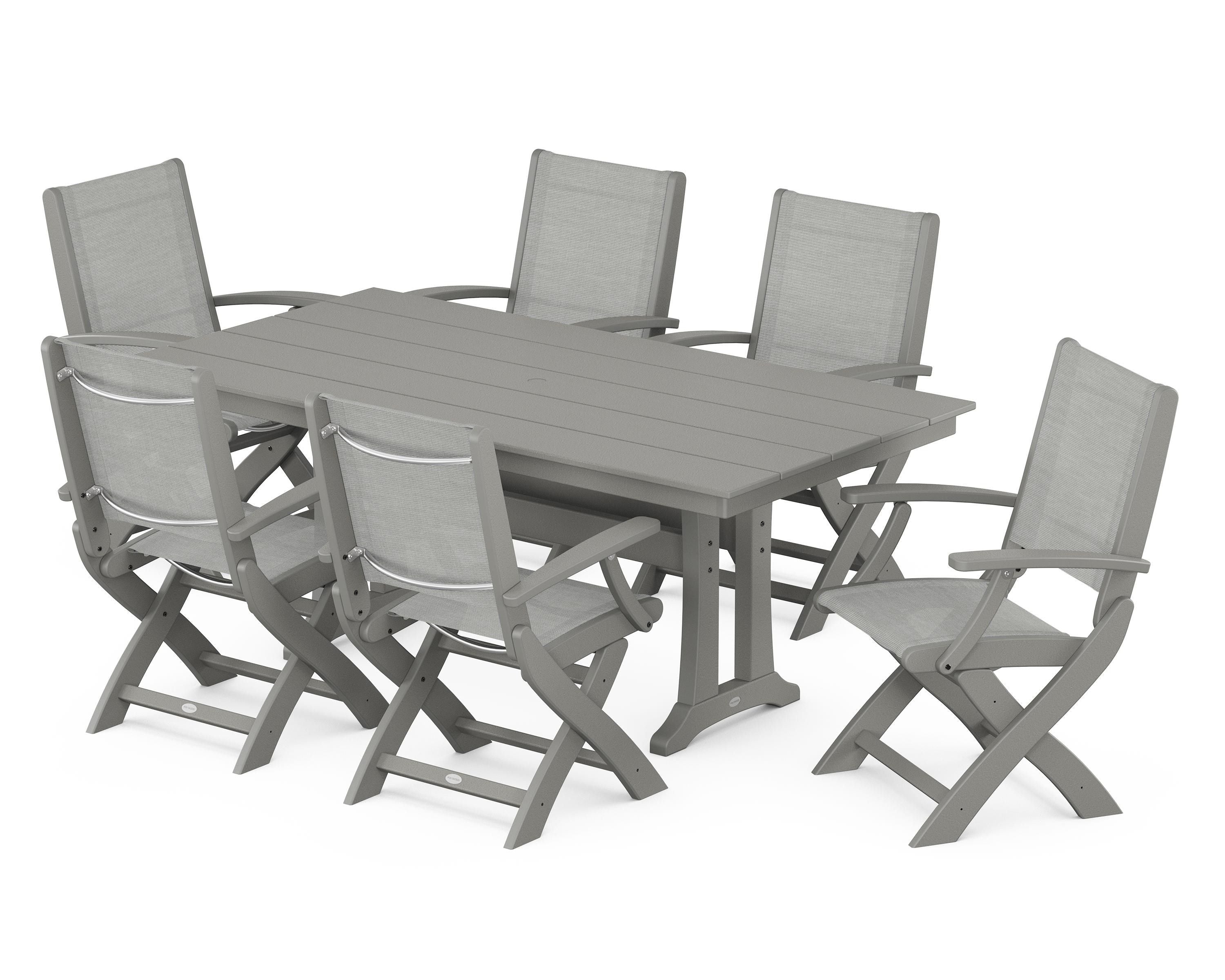 POLYWOOD Coastal Folding Arm Chair 7-Piece Farmhouse Dining Set with Trestle Legs in Slate Grey / Metallic Sling