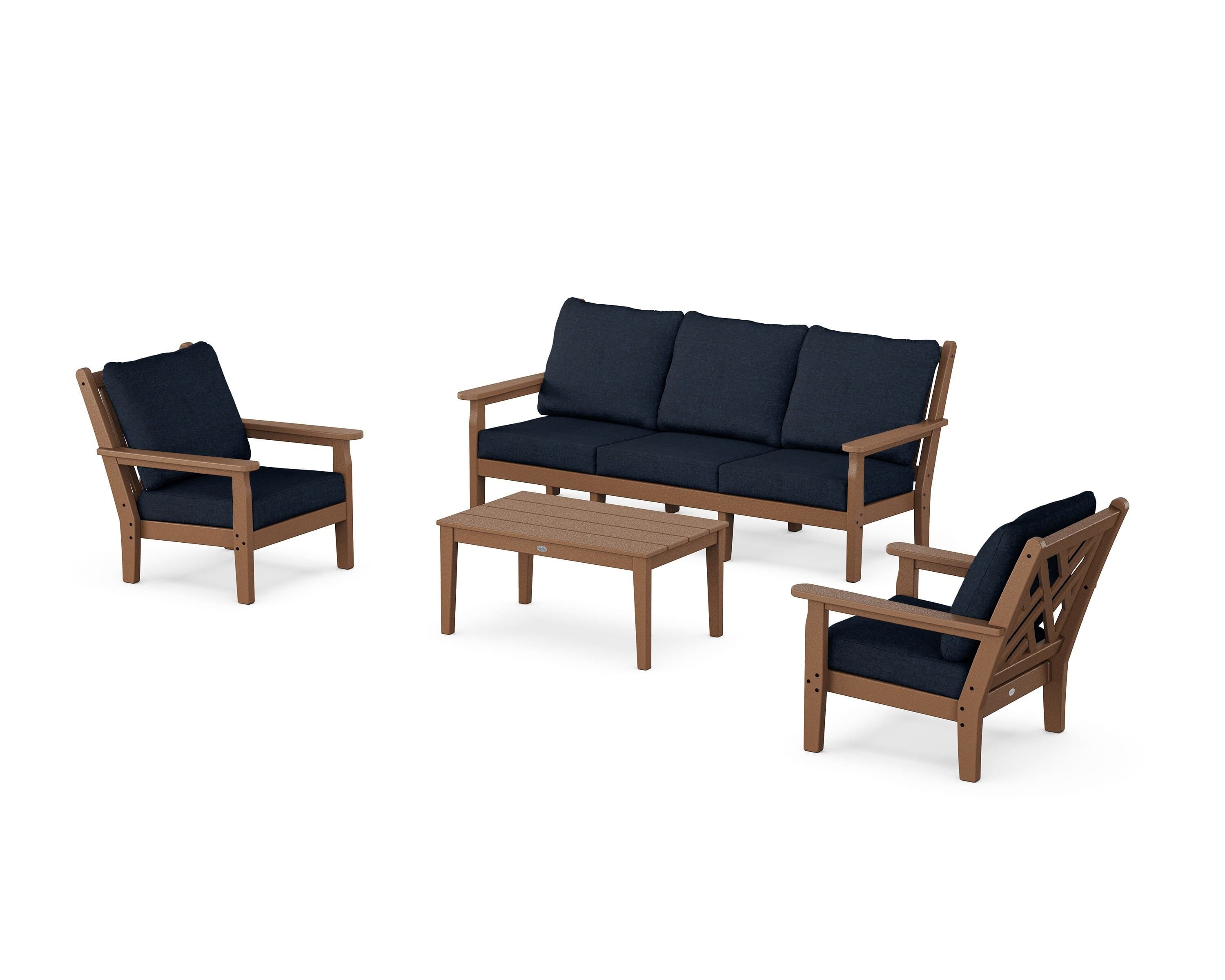 POLYWOOD Chippendale 4-Piece Deep Seating Set with Sofa in Teak / Marine Indigo