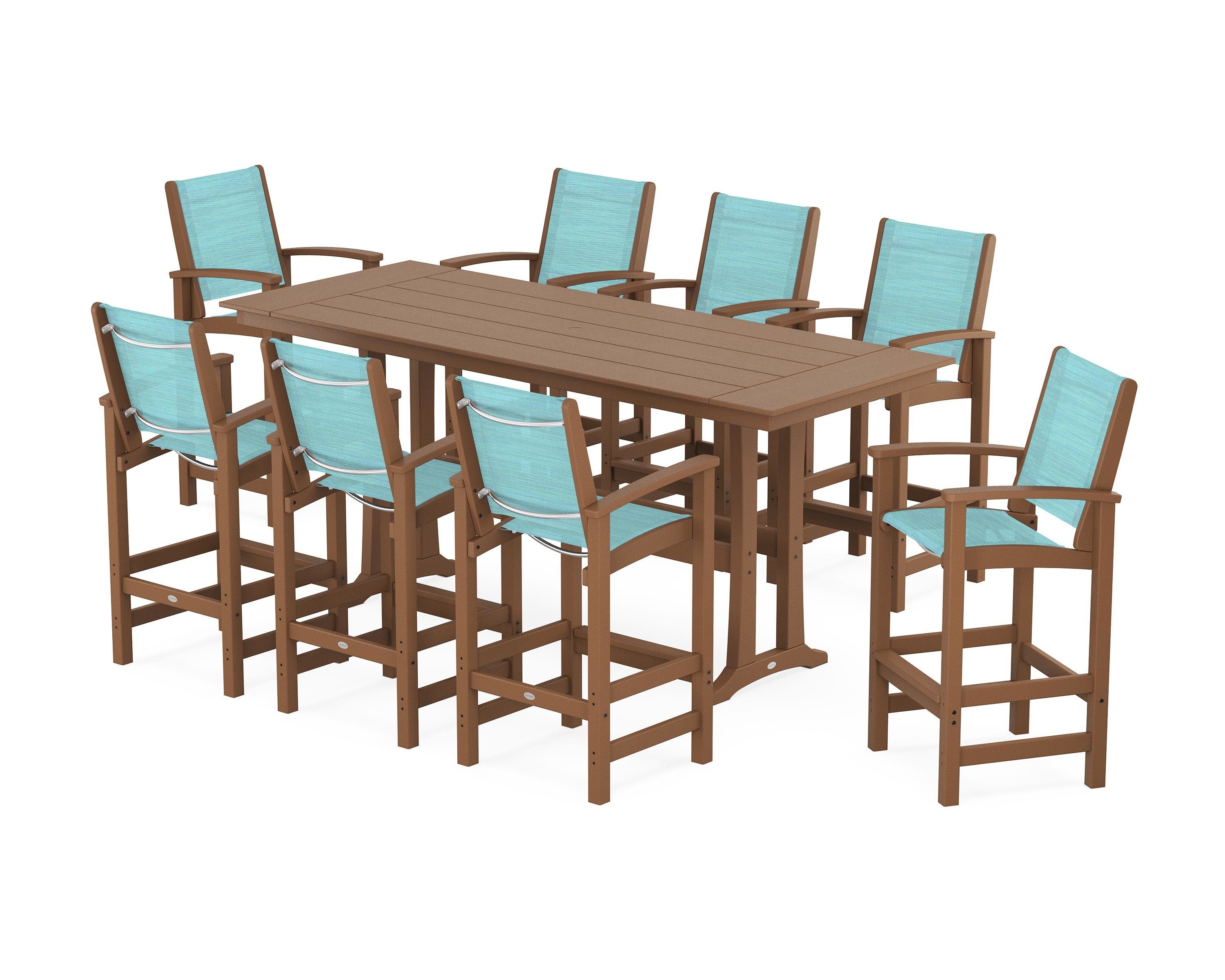 POLYWOOD Coastal 9-Piece Farmhouse Bar Set with Trestle Legs in Teak / Dupioni Aquamarine Sling