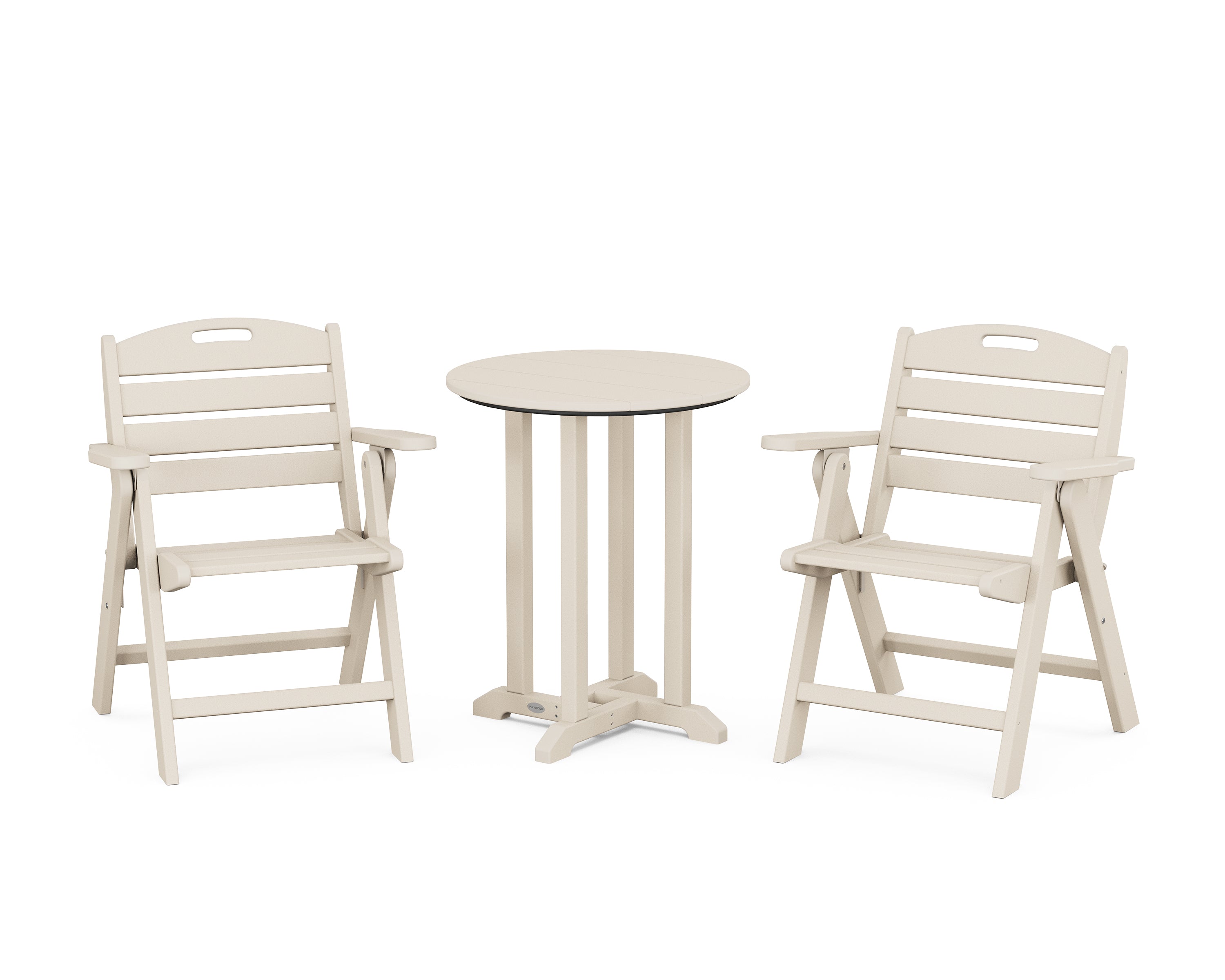 POLYWOOD Nautical Folding Lowback Chair 3-Piece Round Bistro Dining Set in Sand