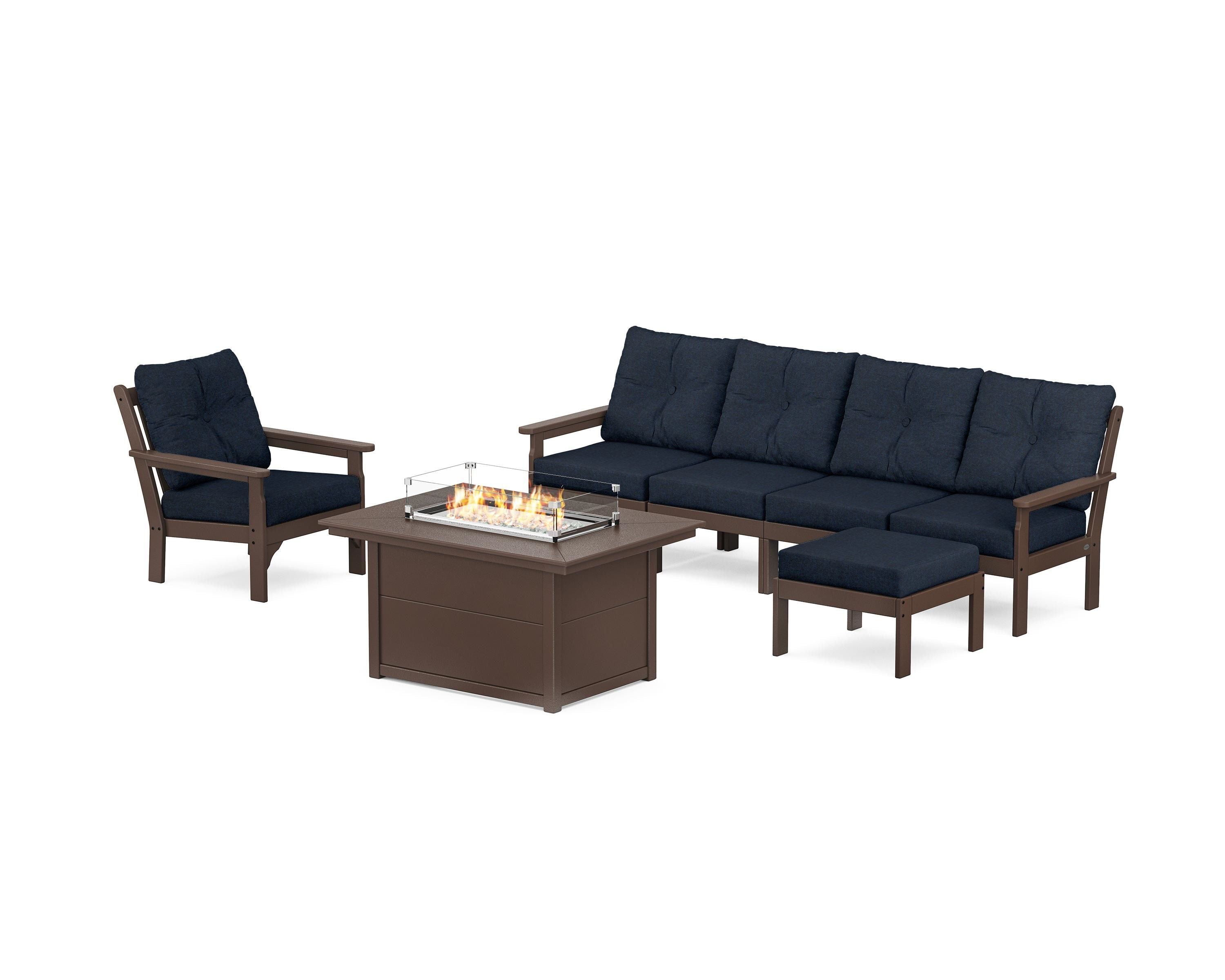 POLYWOOD Vineyard Sectional Lounge and Fire Pit Set in Mahogany / Marine Indigo