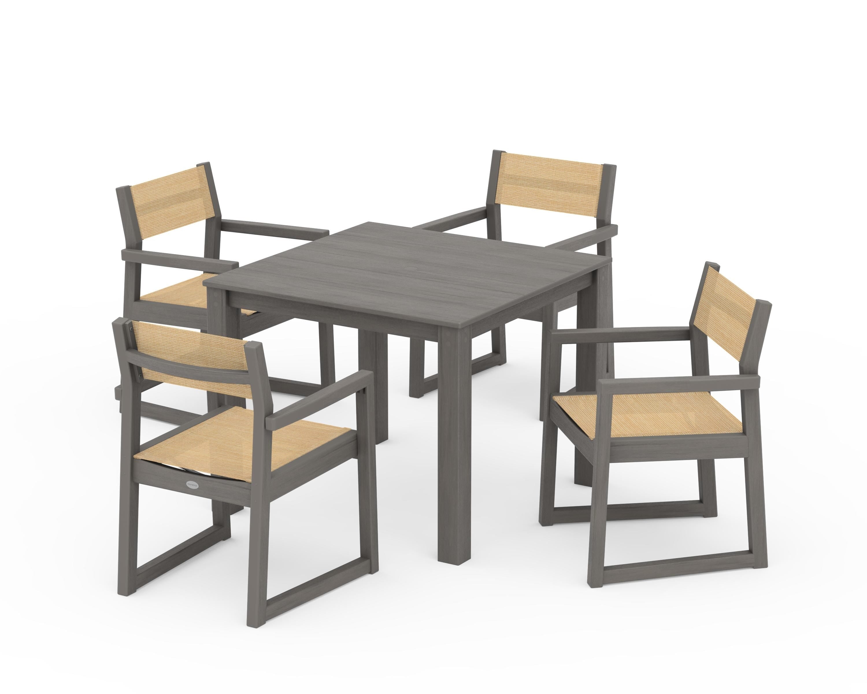 POLYWOOD EDGE Sling Arm Chair 5-Piece Parsons Dining Set in Driftwood / Dupioni Apricot Sling
