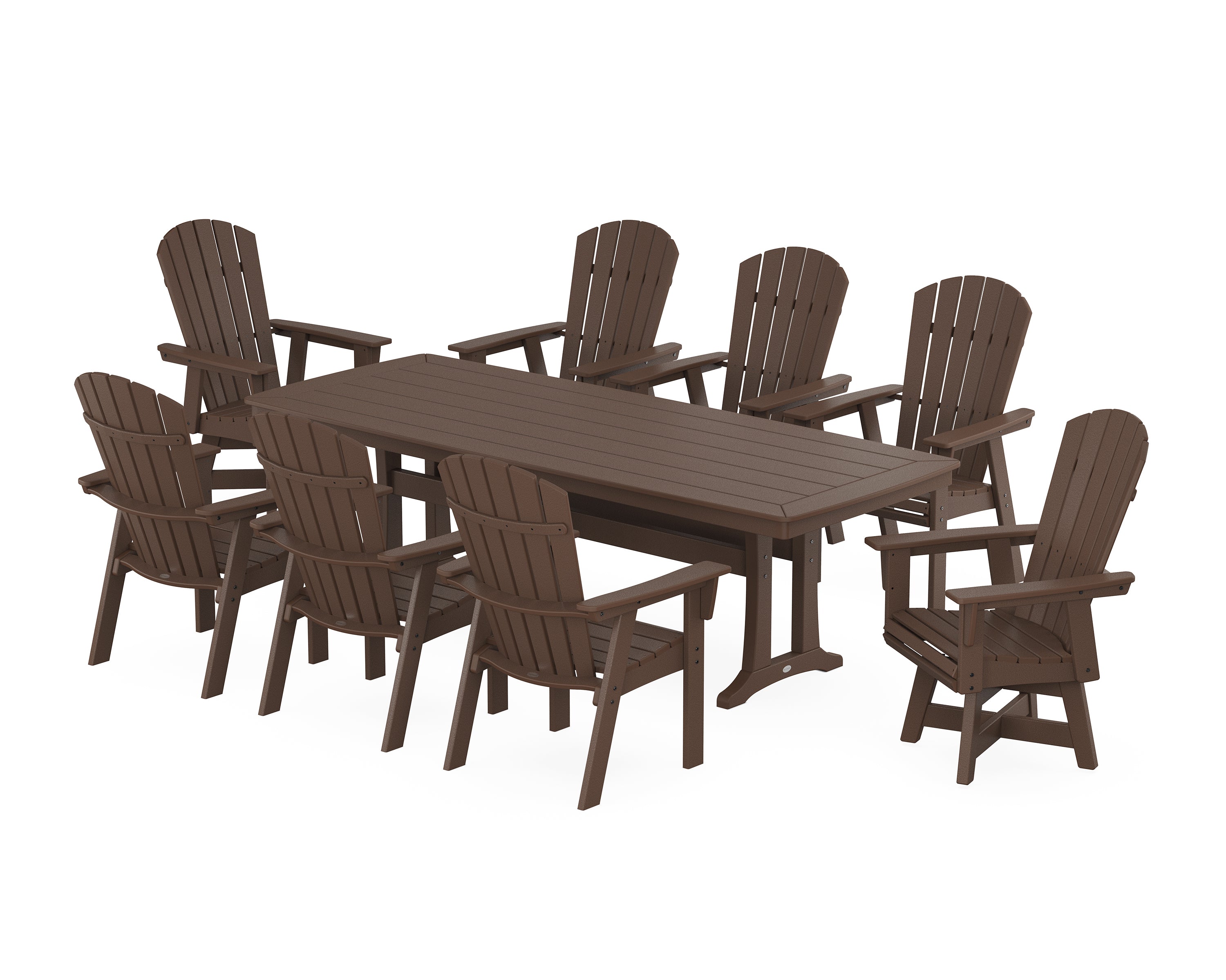 POLYWOOD® Nautical Curveback Adirondack Swivel 9-Piece Dining Set with Trestle Legs in Mahogany