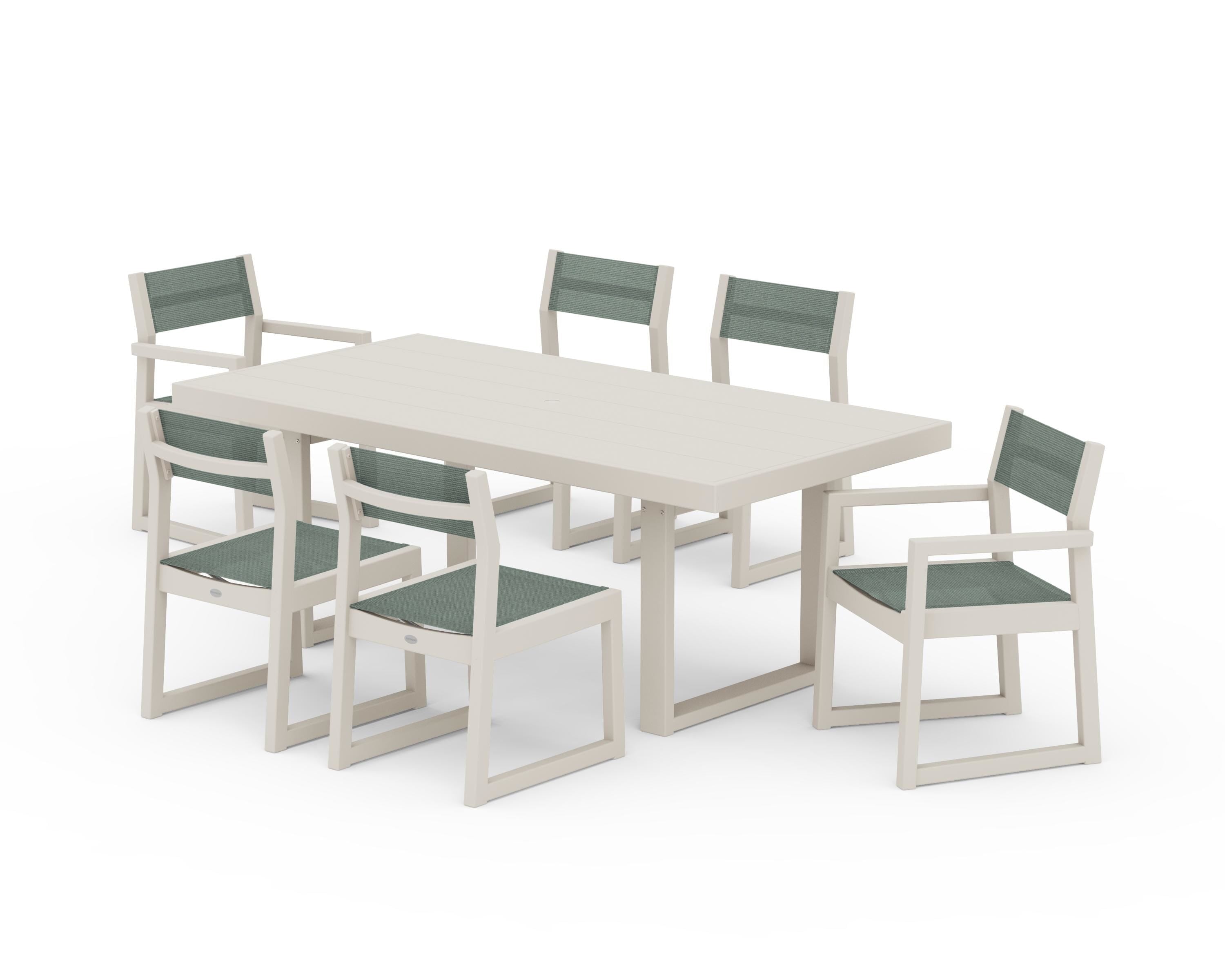 POLYWOOD EDGE Sling 7-Piece Dining Set in Sand / Dupioni Sea Mist Sling