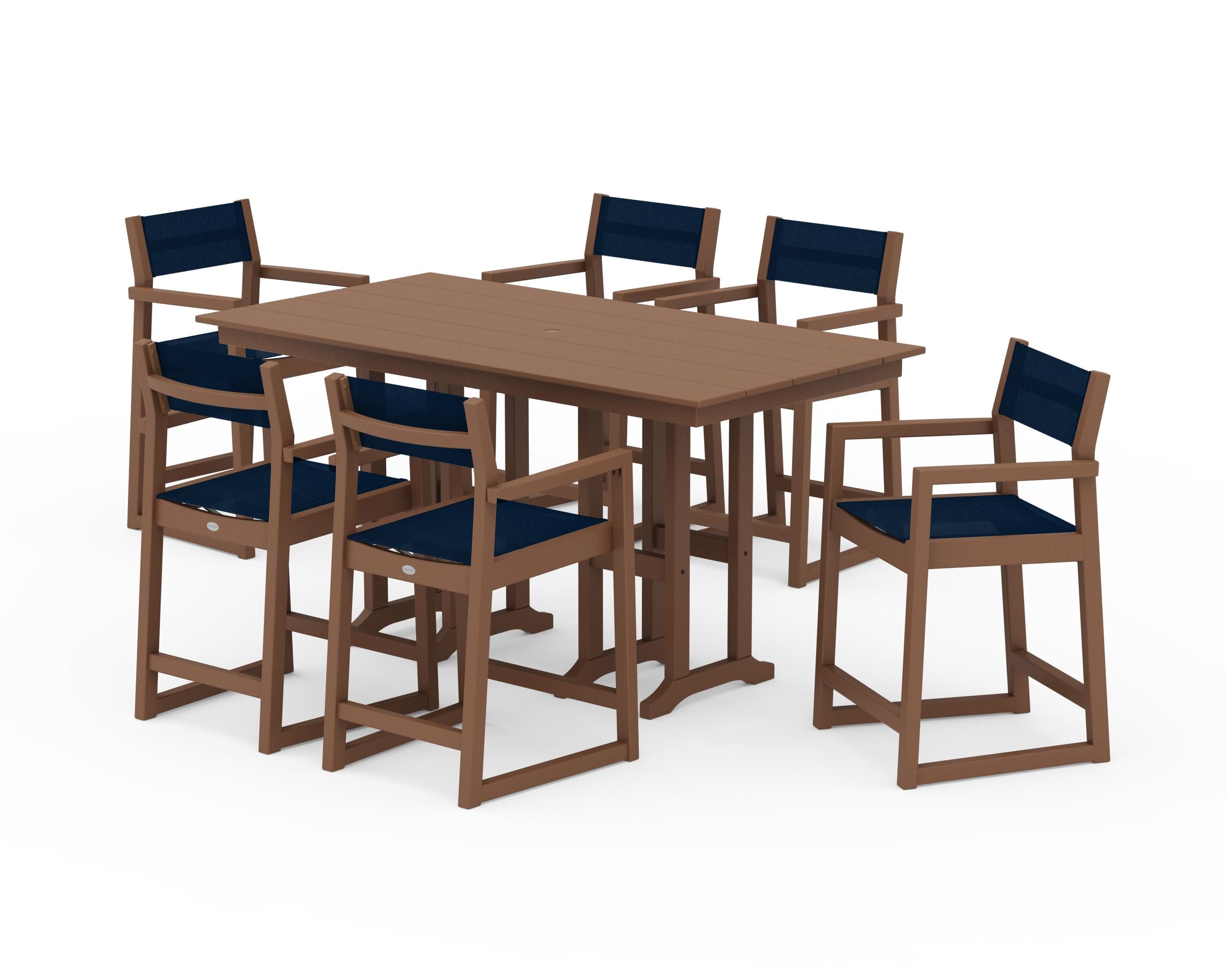 POLYWOOD EDGE Sling Arm Chair 7-Piece Farmhouse Counter Set in Teak / Navy Blue Sling