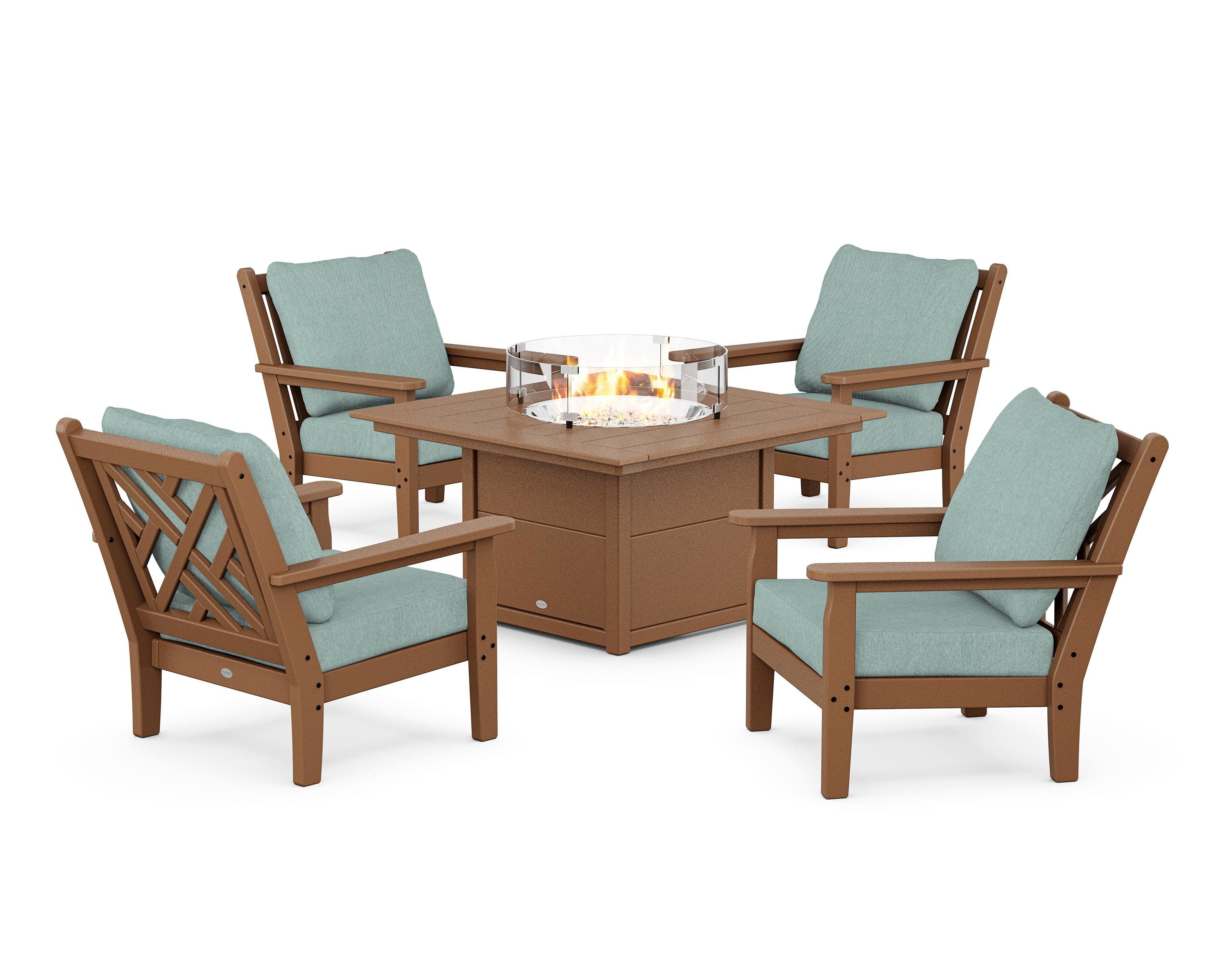 POLYWOOD Chippendale 5-Piece Deep Seating Set with Fire Pit Table in Teak / Glacier Spa