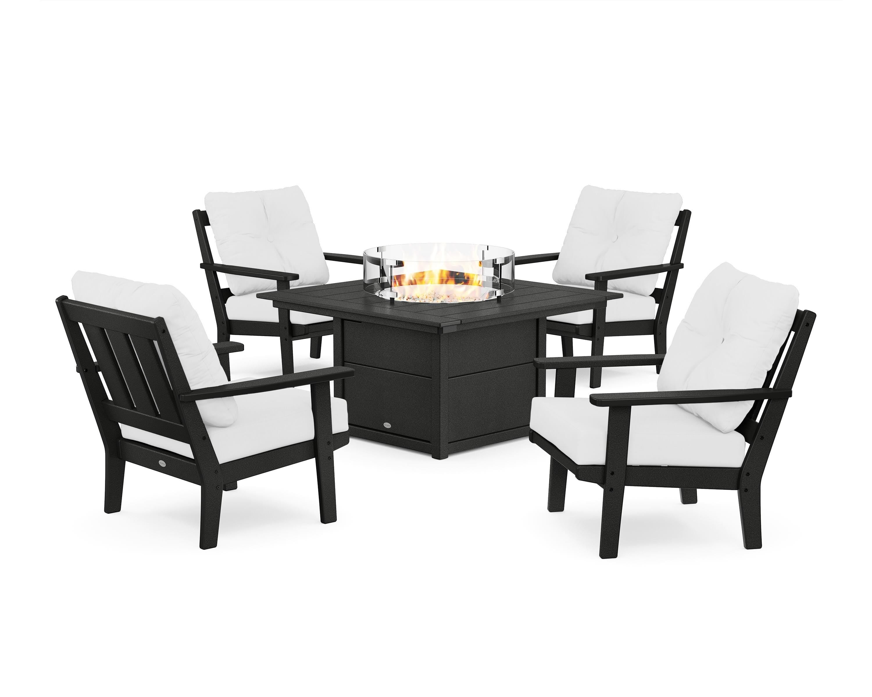 POLYWOOD Oxford 5-Piece Deep Seating Set with Fire Pit Table in Black / Natural