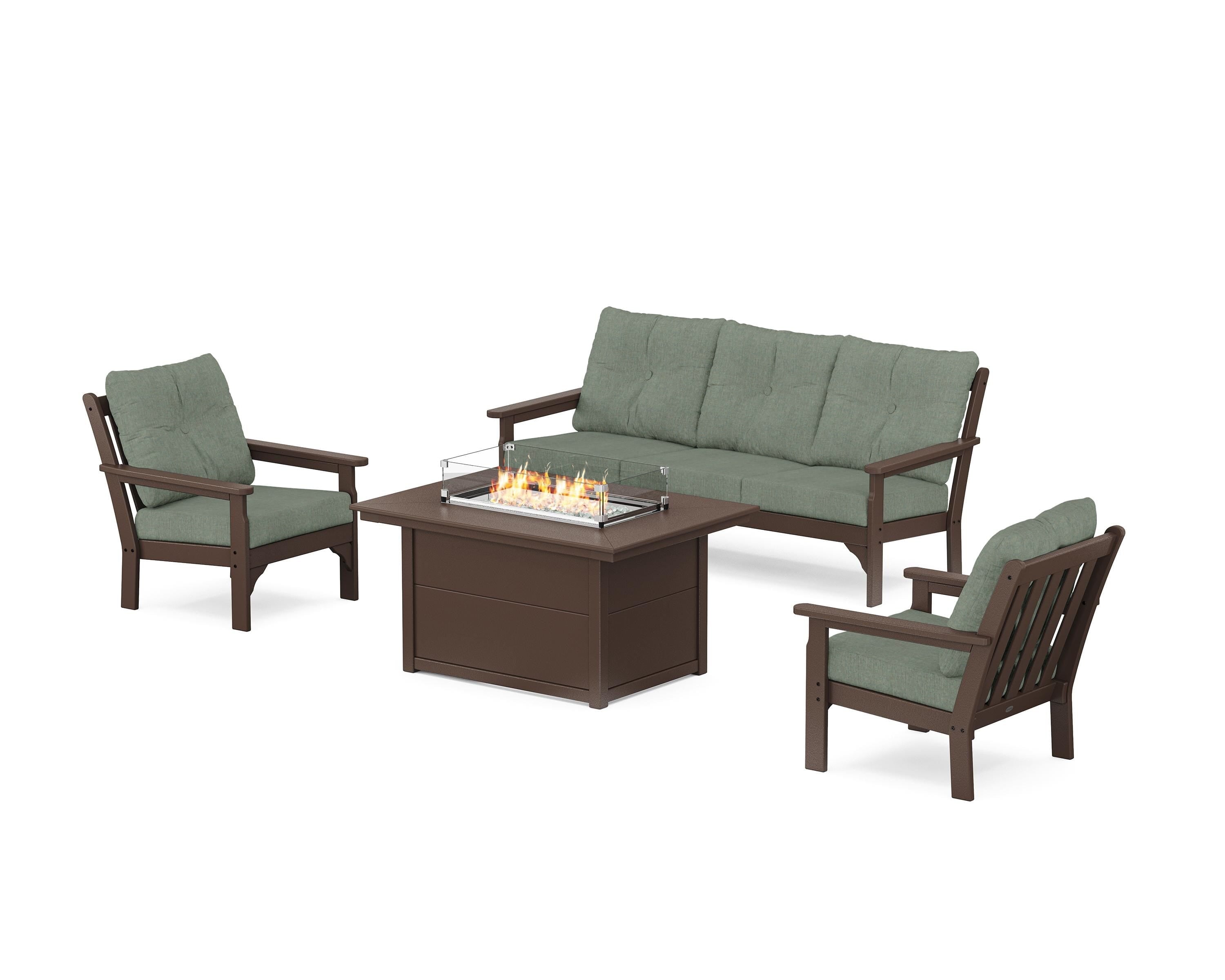 POLYWOOD Vineyard Deep Seating Fire Pit Table Set in Mahogany / Cast Sage