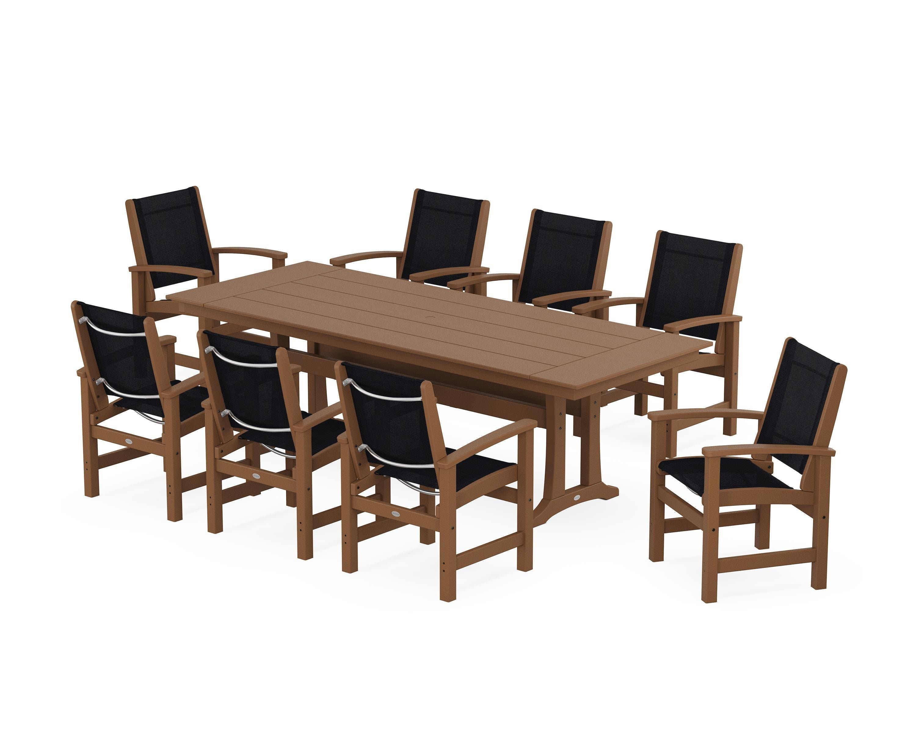POLYWOOD Coastal 9-Piece Farmhouse Dining Set with Trestle Legs in Teak / Black Sling
