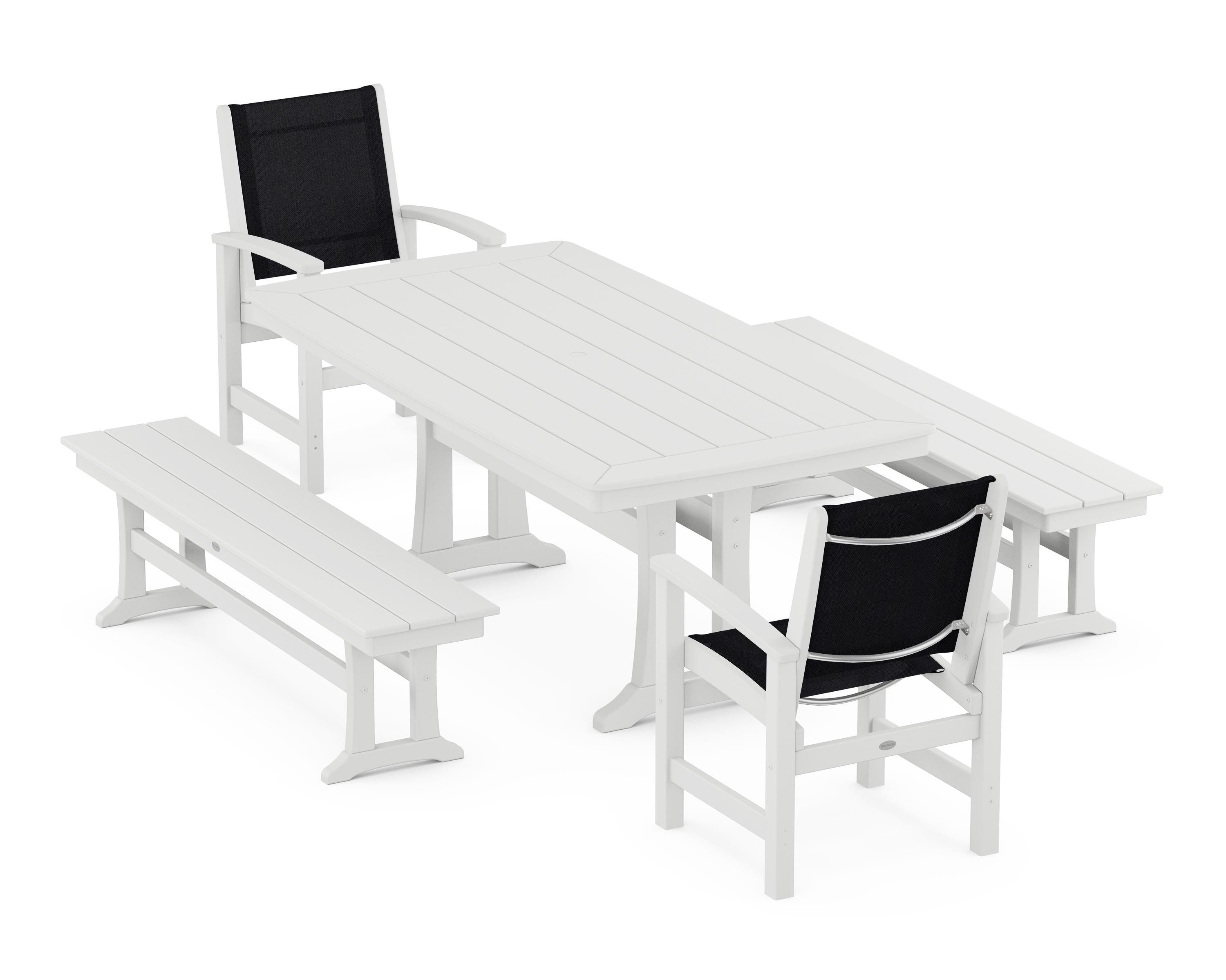 POLYWOOD Coastal 5-Piece Dining Set with Trestle Legs and Benches in White / Black Sling