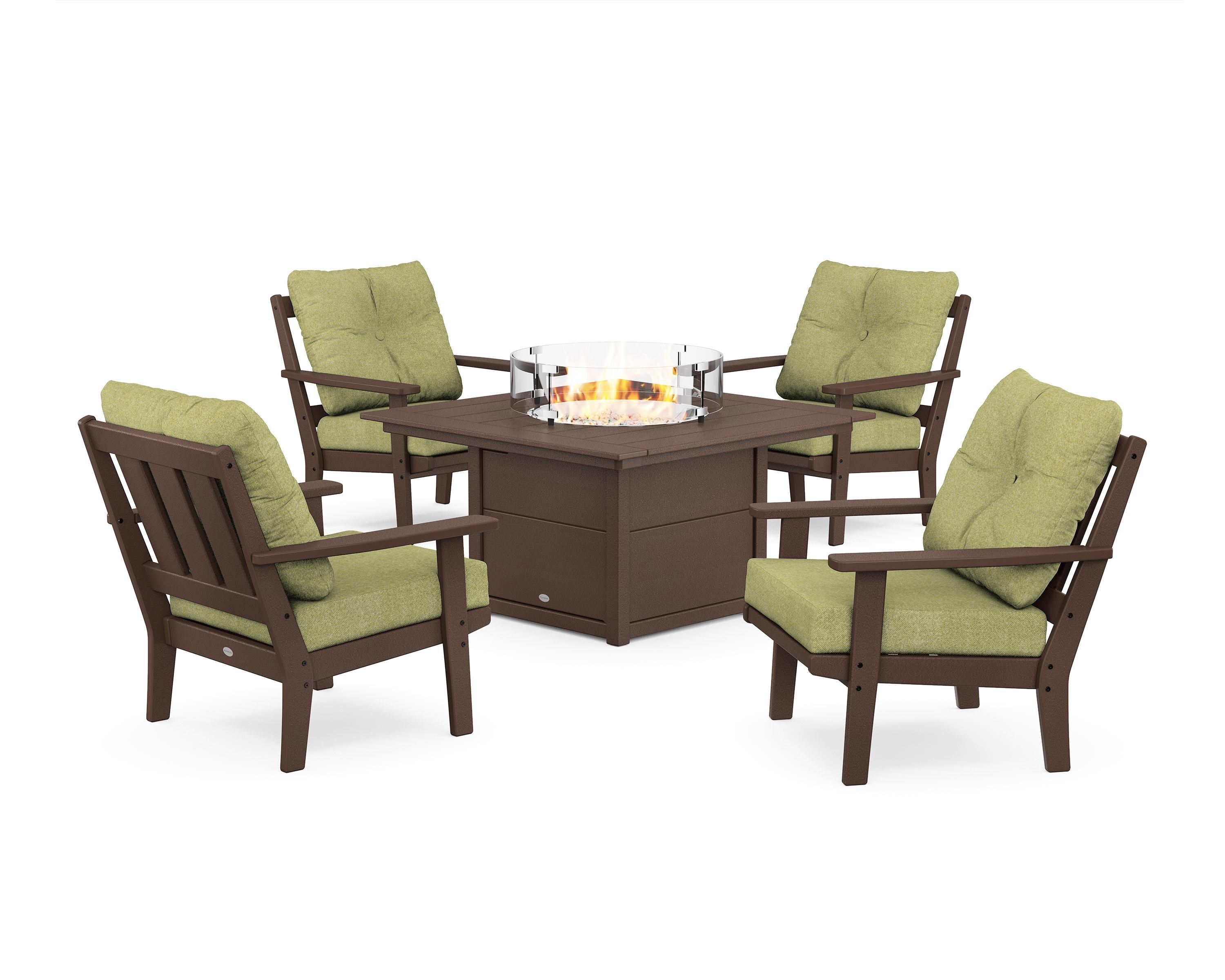 POLYWOOD Oxford 5-Piece Deep Seating Set with Fire Pit Table in Mahogany / Chartreuse Boucle