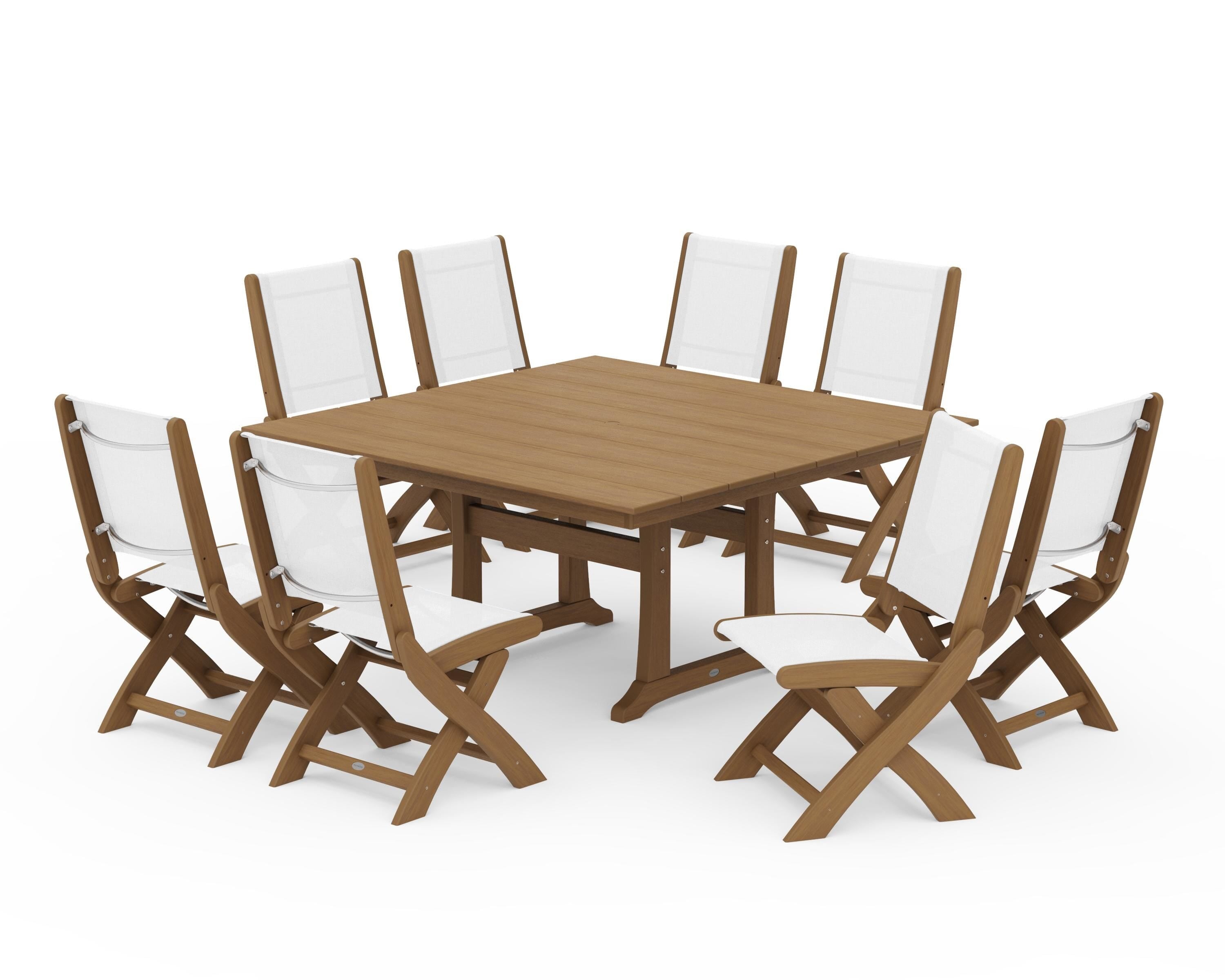POLYWOOD Coastal Folding Side Chair 9-Piece Farmhouse Dining Set in Natural / White Sling