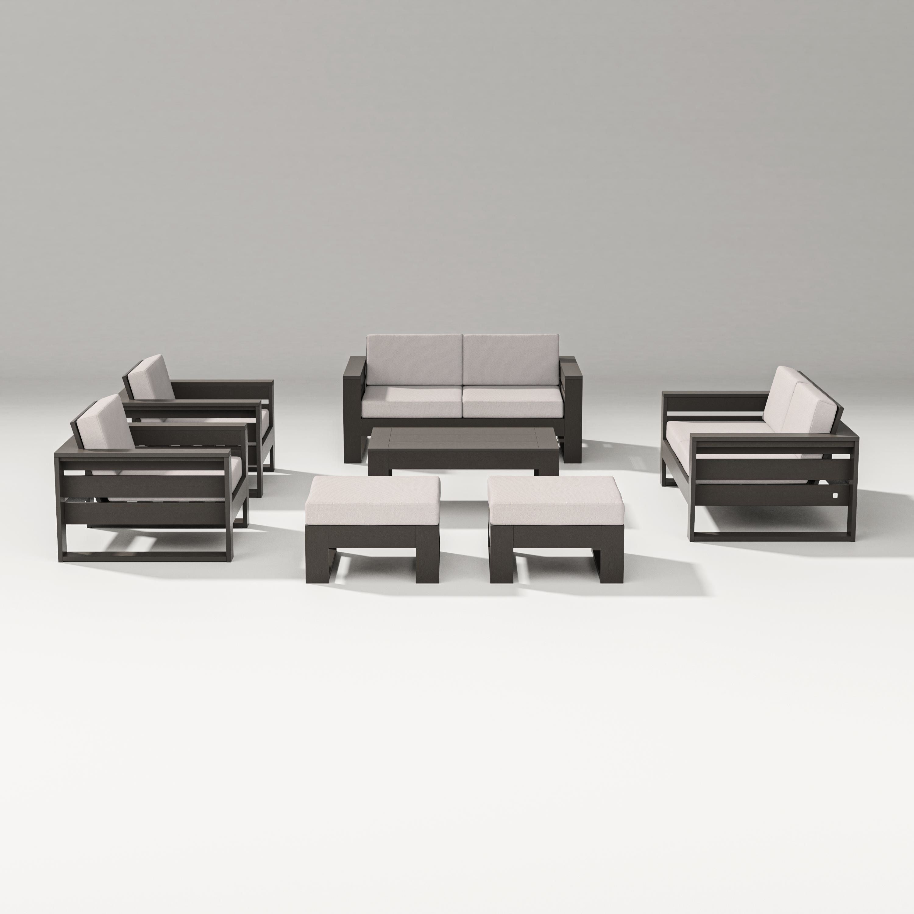 PW Designer Series Latitude 7-Piece Lounge Loveseat Set in Vintage Coffee / Dune Burlap