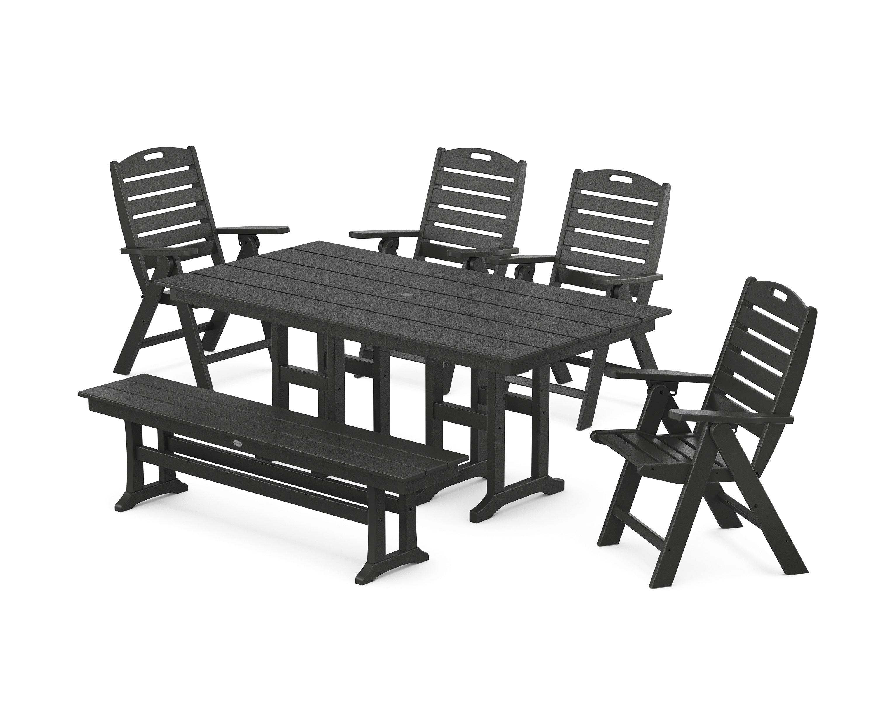 POLYWOOD Nautical Highback 6-Piece Farmhouse Dining Set with Bench in Black