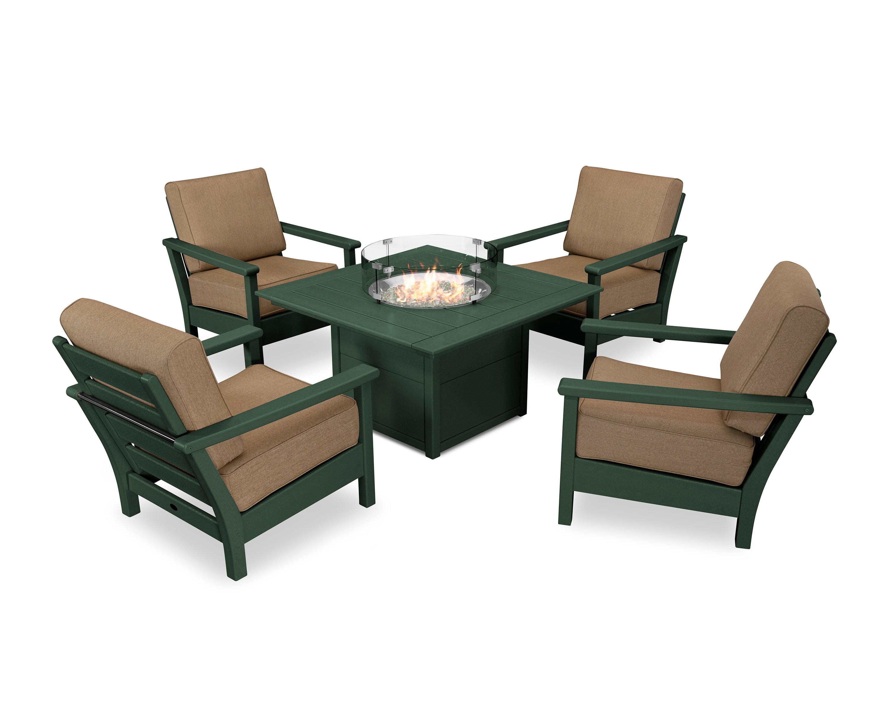 POLYWOOD Harbour 5-Piece Conversation Set with Fire Pit Table in Green / Sesame