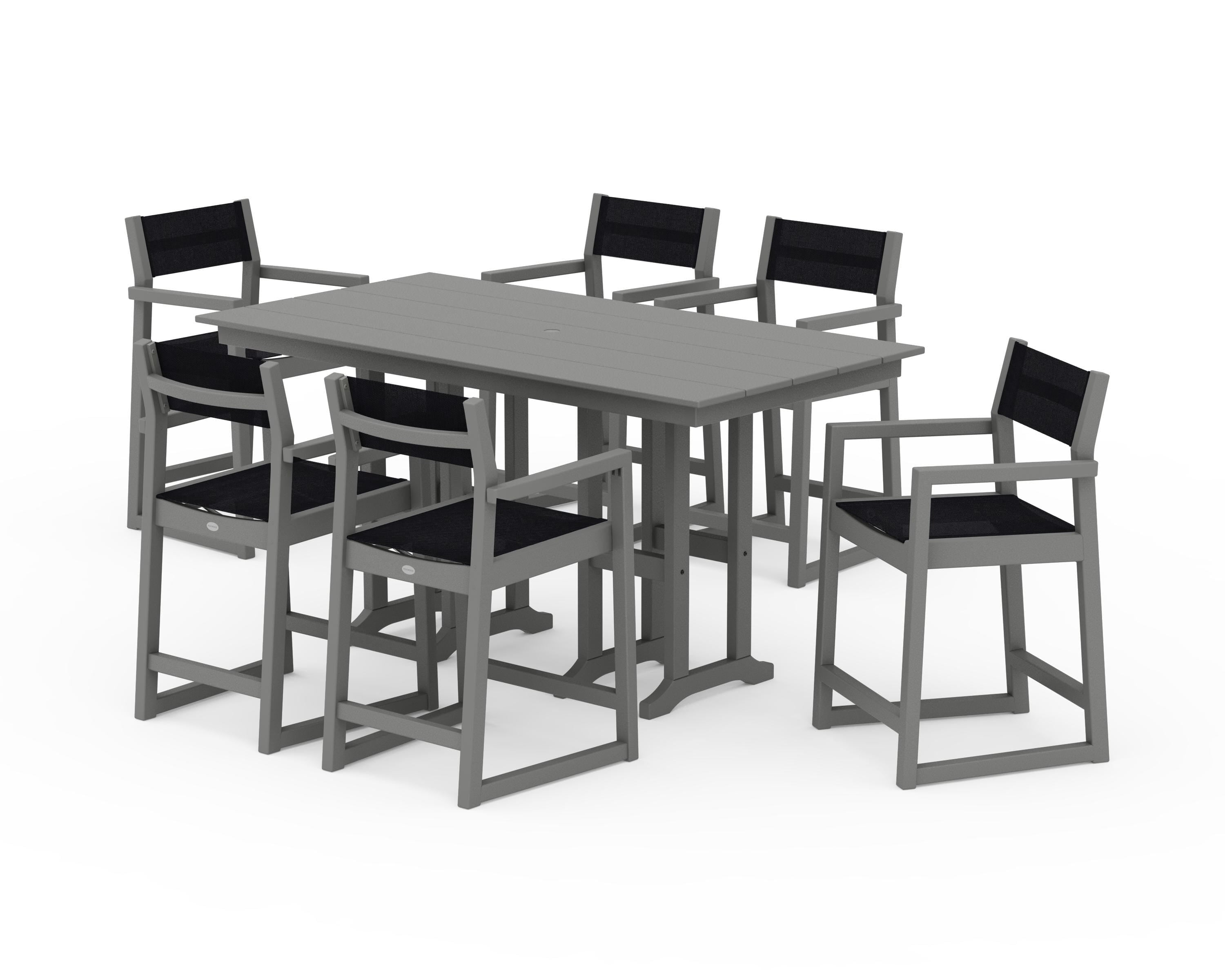POLYWOOD EDGE Sling Arm Chair 7-Piece Farmhouse Counter Set in Slate Grey / Black Sling