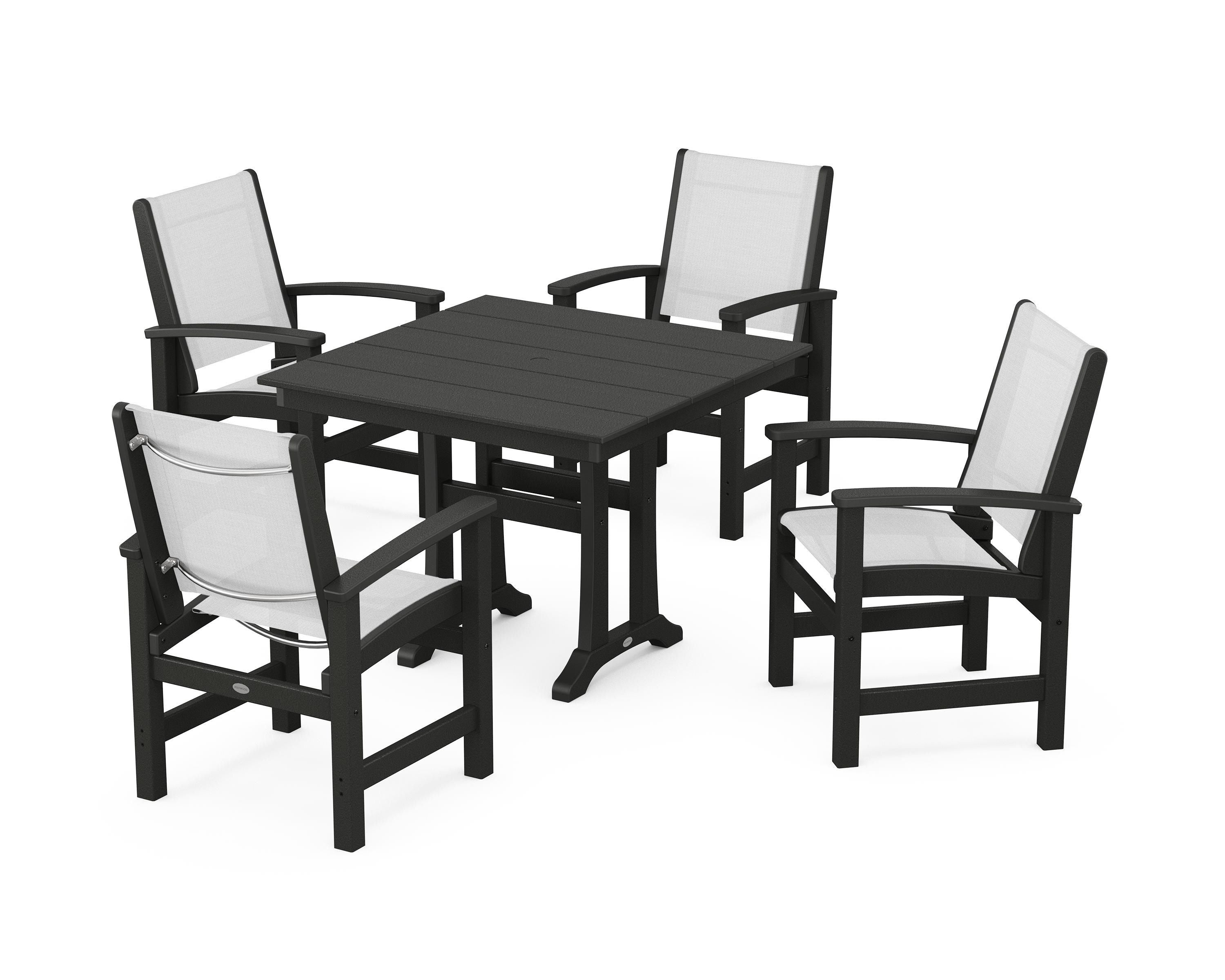 POLYWOOD Coastal 5-Piece Farmhouse Dining Set With Trestle Legs in Black / White Sling