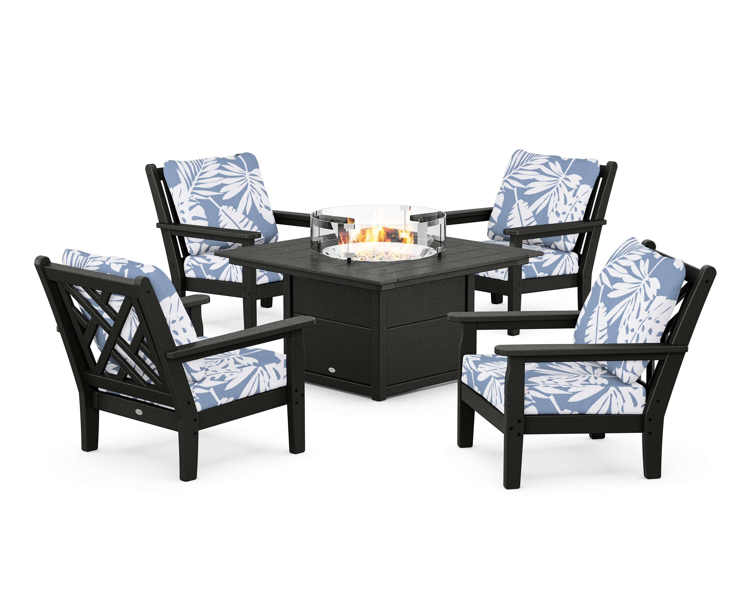 POLYWOOD Chippendale 5-Piece Deep Seating Set with Fire Pit Table in Black / Leaf Sky Blue