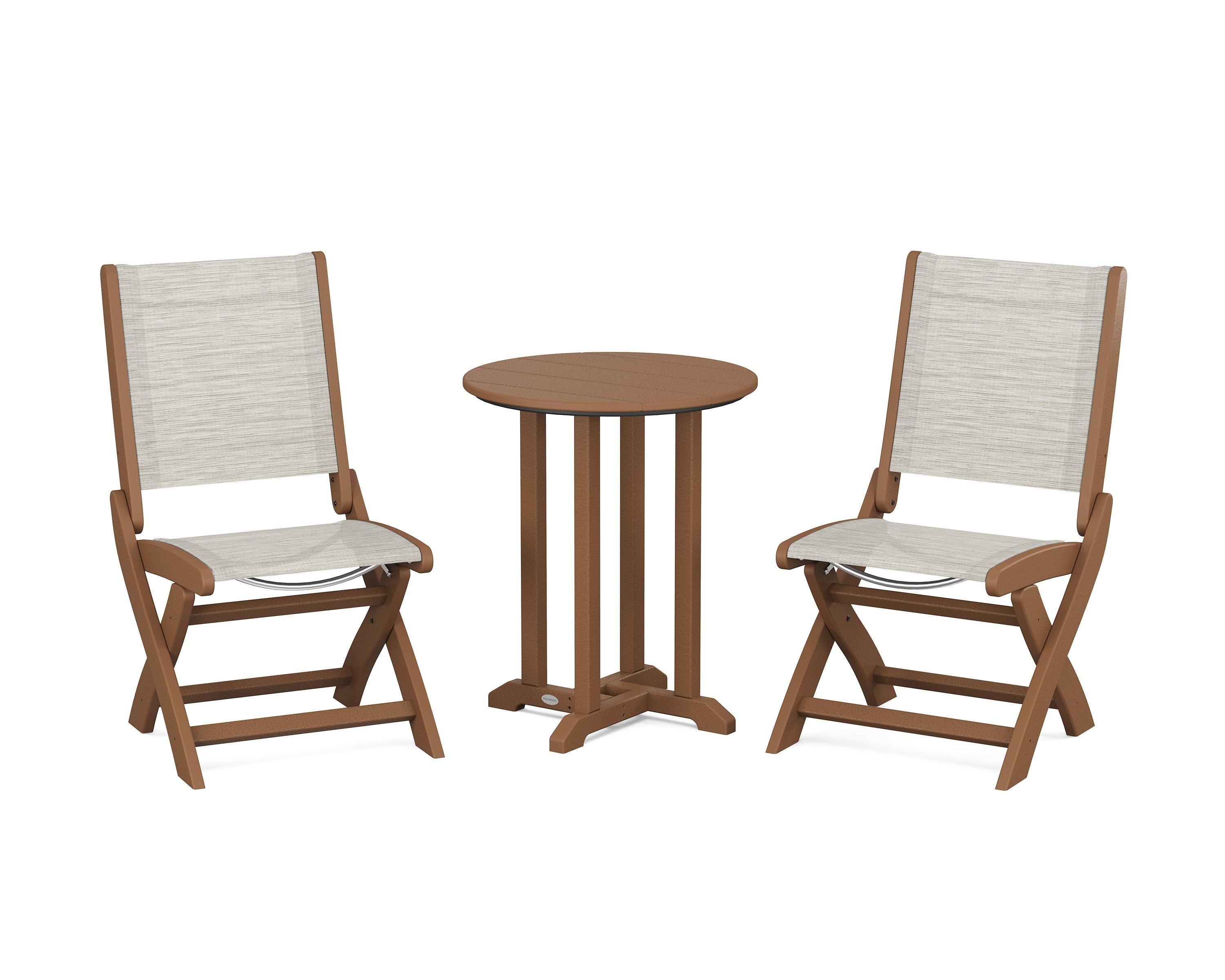 POLYWOOD Coastal Folding Side Chair 3-Piece Round Bistro Dining Set in Teak / Birch Sling