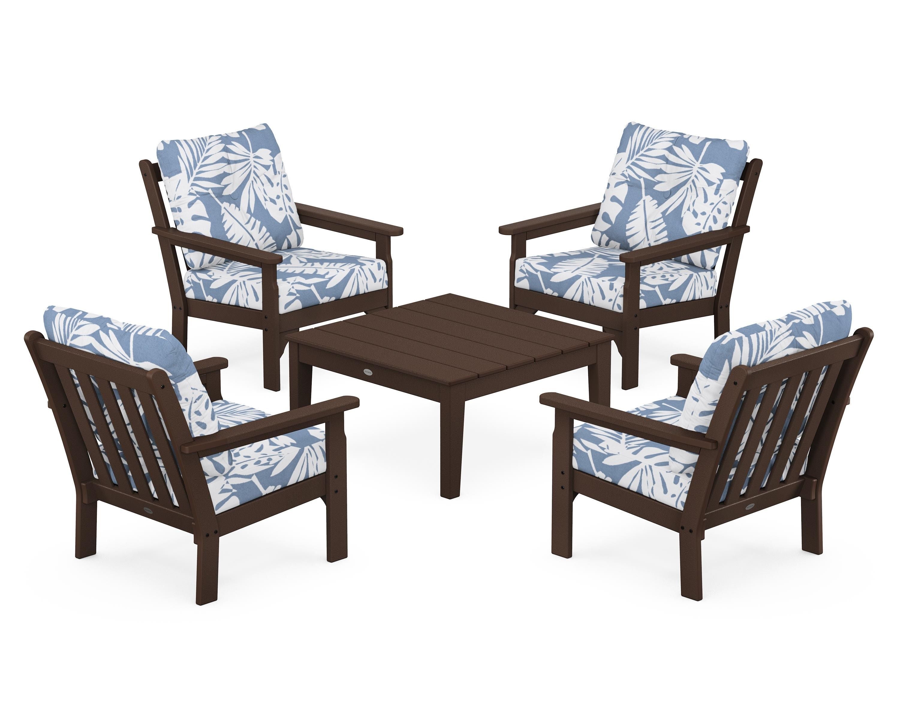 POLYWOOD Vineyard 5-Piece Deep Seating Conversation Set in Mahogany / Leaf Sky Blue